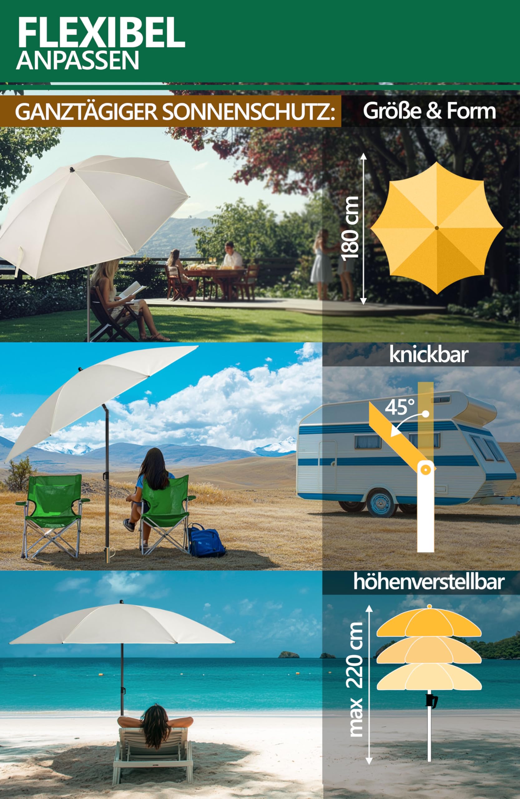 4smile Sonnenschirm Strand SunnyJoy Modern im 3er-Set, Beige - Strandschirm windfest stabil 180 cm + Rasendorn Sonnenschirmhalter + Schirmhülle - Sonnenschirm mit Rasendorn, Schirmspieß Garten