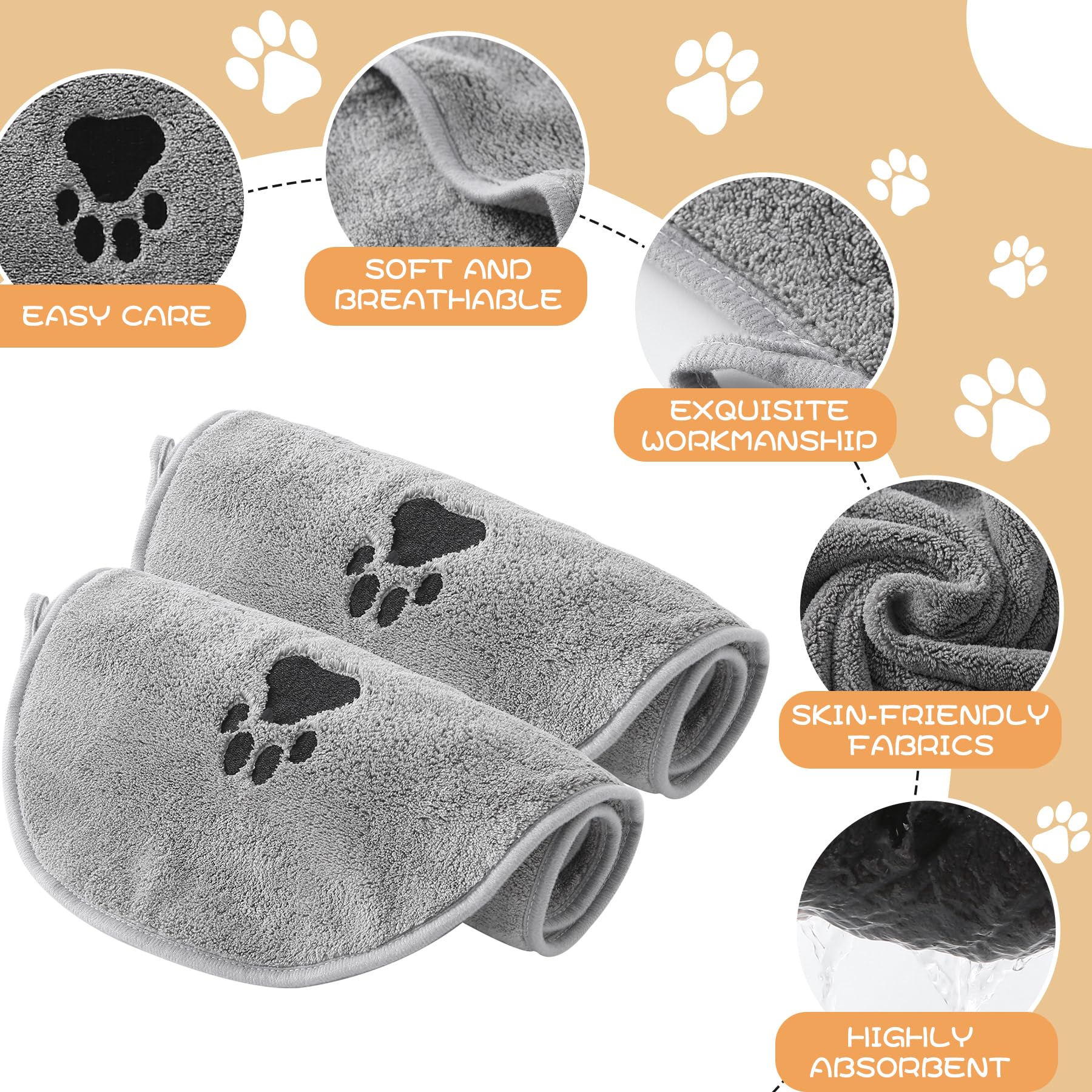Toalla de microfibra para perro, súper absorbente, paquete de 2 toallas de baño de 27 x 11 pulgadas para todos los perros y gatos con estampado bordado de patas (gris, 22 x 11 pulgadas)