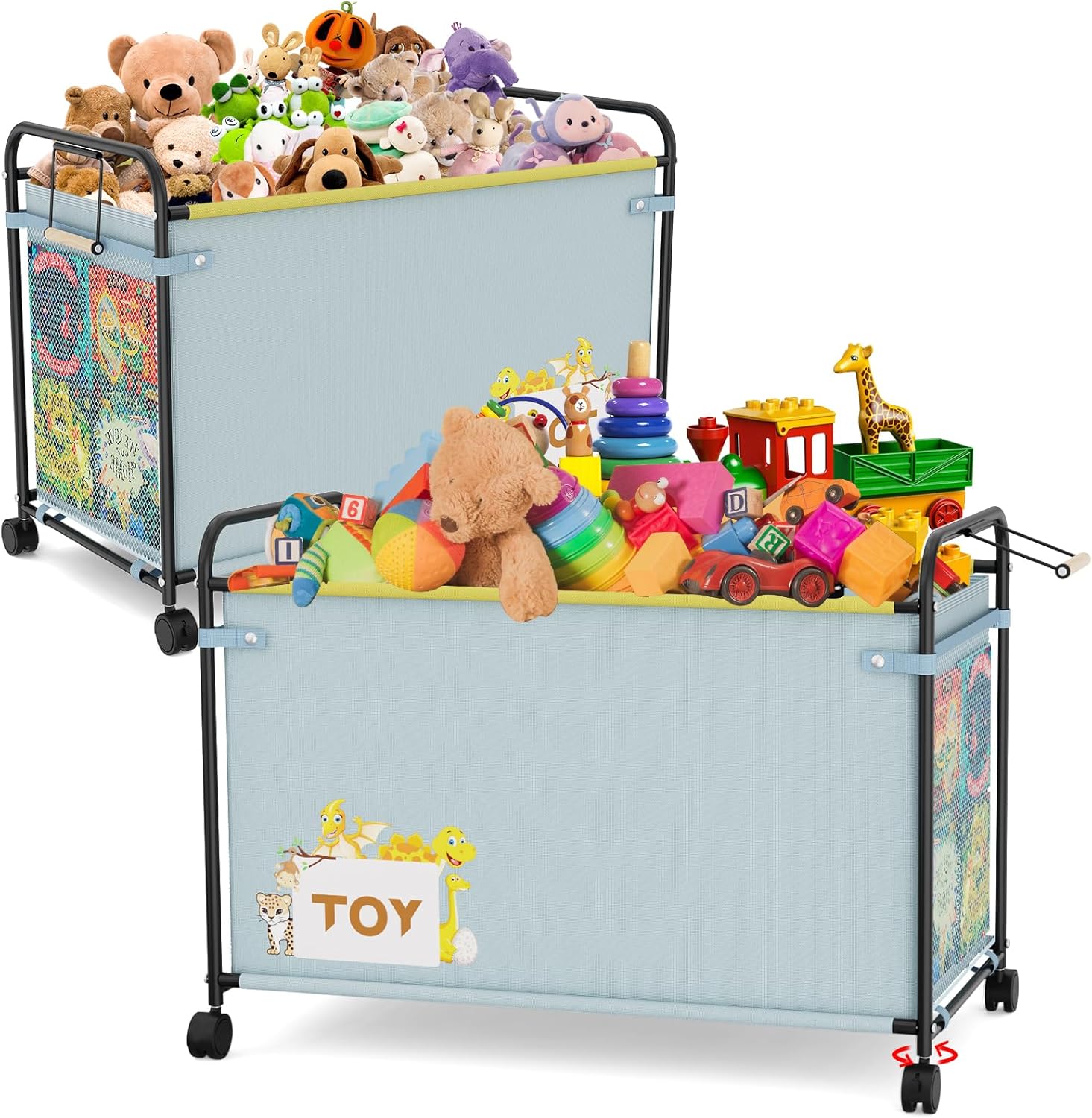 Toy Box Storage, 180L Extra Large Toy Chest with 360° Wheels, Oxford Cloth Metal Toy Box for Boys, Girls, Stuffed Animals, Clothes, Bedroom, Living Room (Blue) Blue 2PC