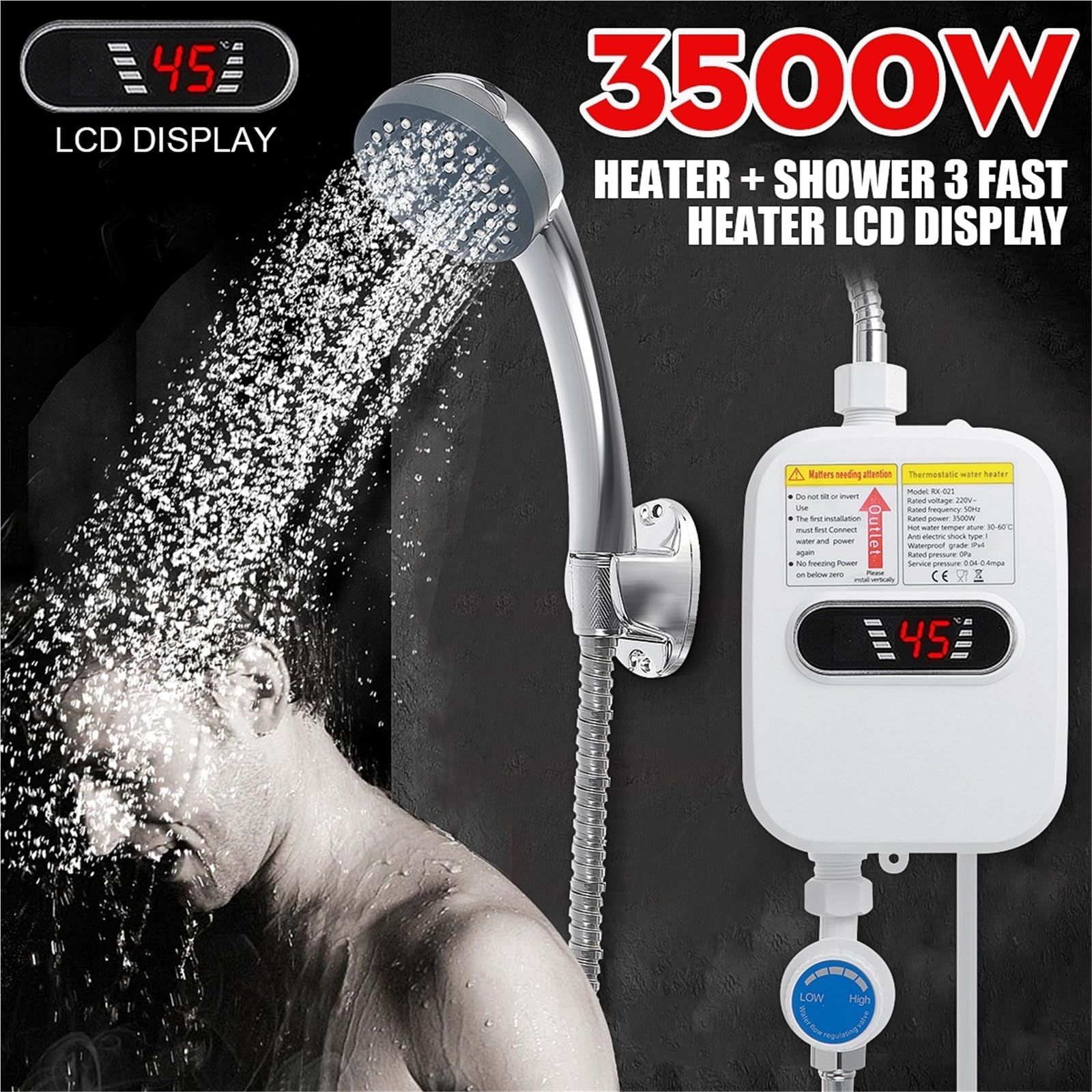 Podgrzewacz wody bez zbiornika, Podgrzewacz wody przepływowy 3500 W, prysznic, ogrzewanie, łazienka, kuchnia, bez zbiornikowy, elektryczny podgrzewacz, wyświetlacz temperatury