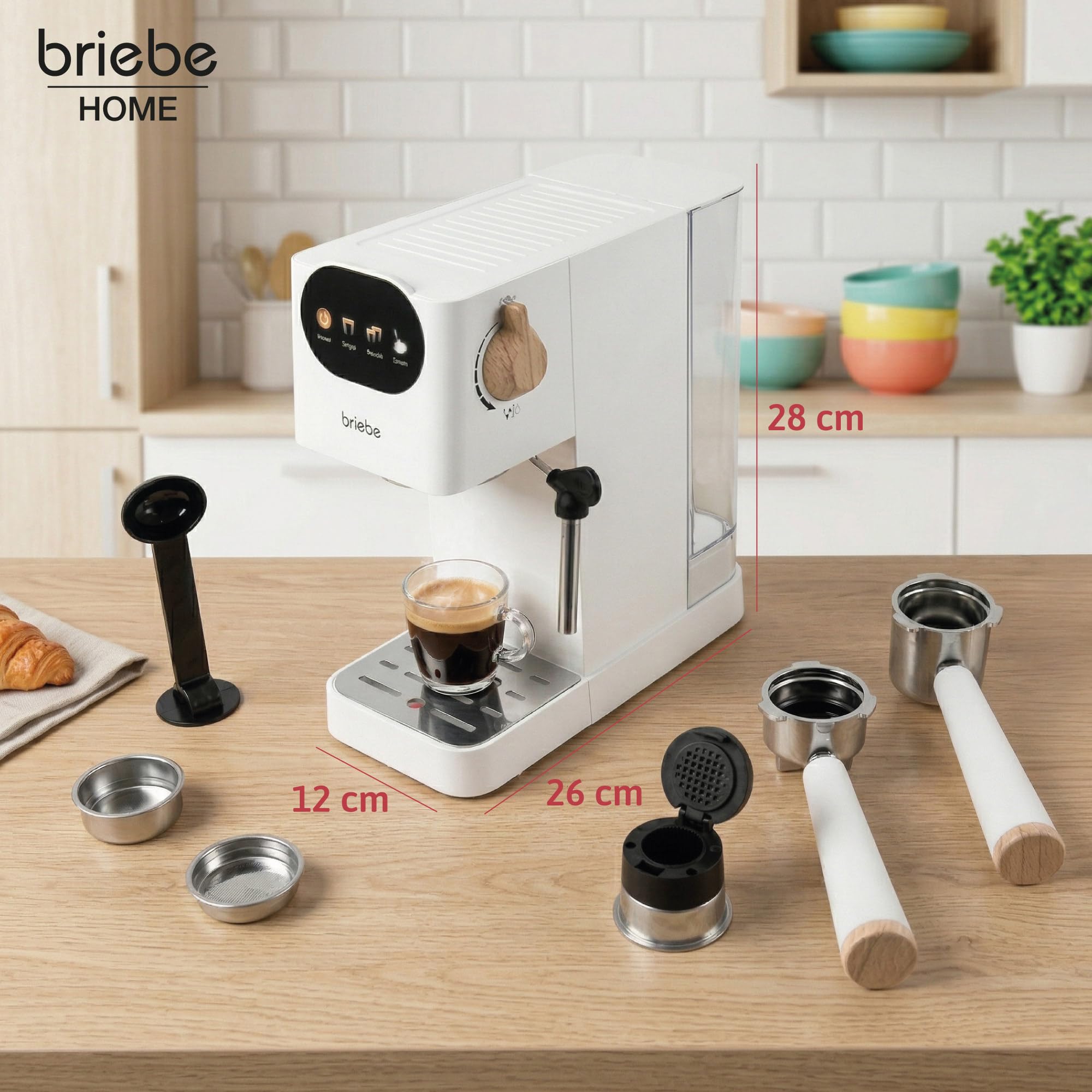 briebe Nordic Machine à Café Expresso 20 Bars Compatible avec Capsules Nespresso et Café Moulu, Semi-Automatique Professionnel 1350W, Mousseur à Lait, Écran Tactile, 1,2L, Design Scandinave, Blanc - 5