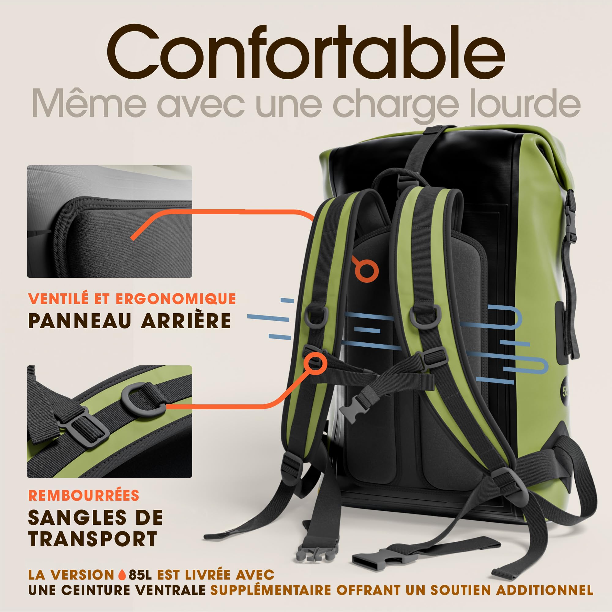 Sac à Dos Étanche 85L - Dry Bag Nautique - Kayak Vélo Pêche Camping | Fermeture enroulable 100 % étanche - 85L en PVC 500D résistant - étui téléphone IPX8 inclus - Vert