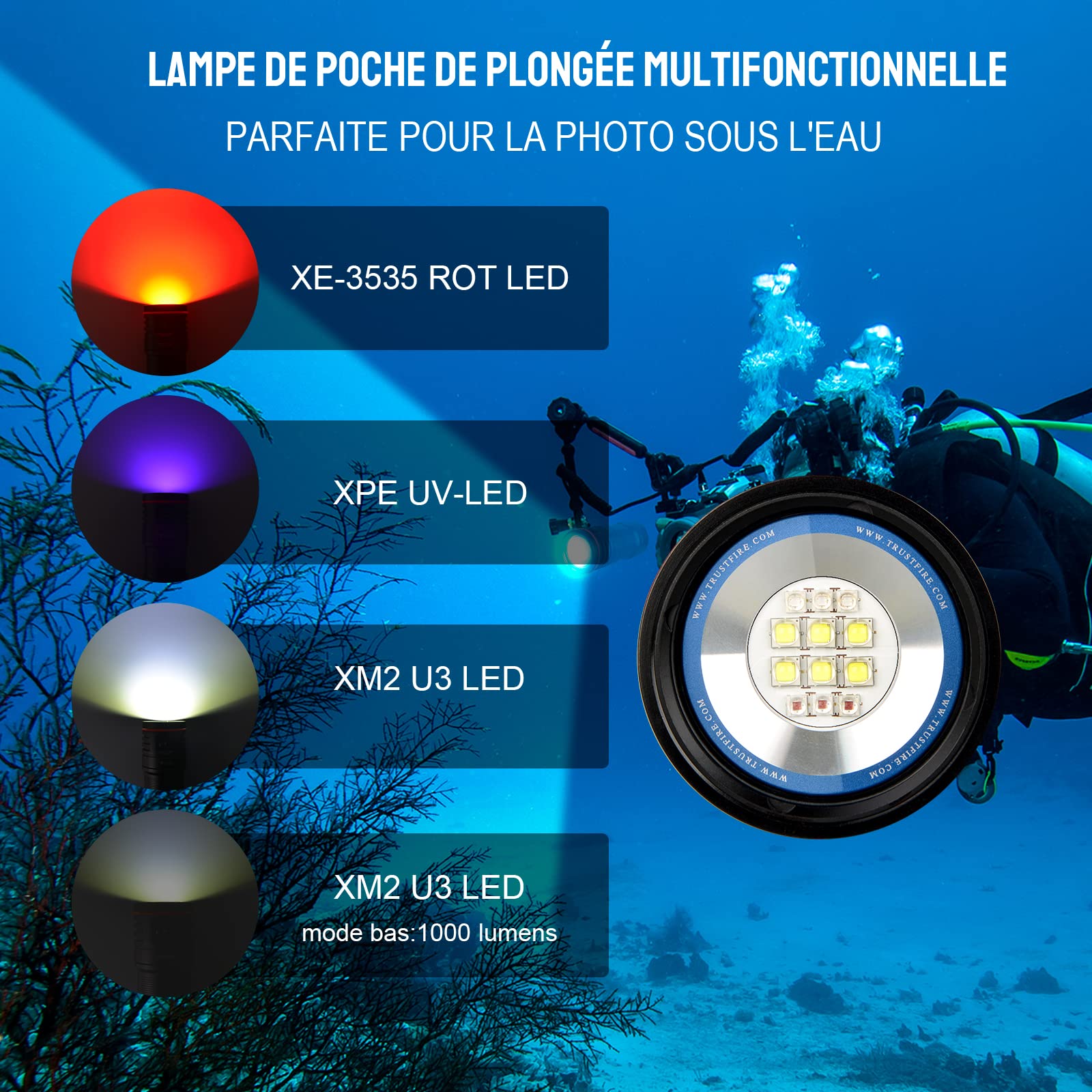 Lampe de plongée,TurstFire lampe de plongée LED, lampe de plongée LED, IPX8 étanche lampe de poche sous-marine avec batterie, lampe de plongée 4 modes d'éclairage