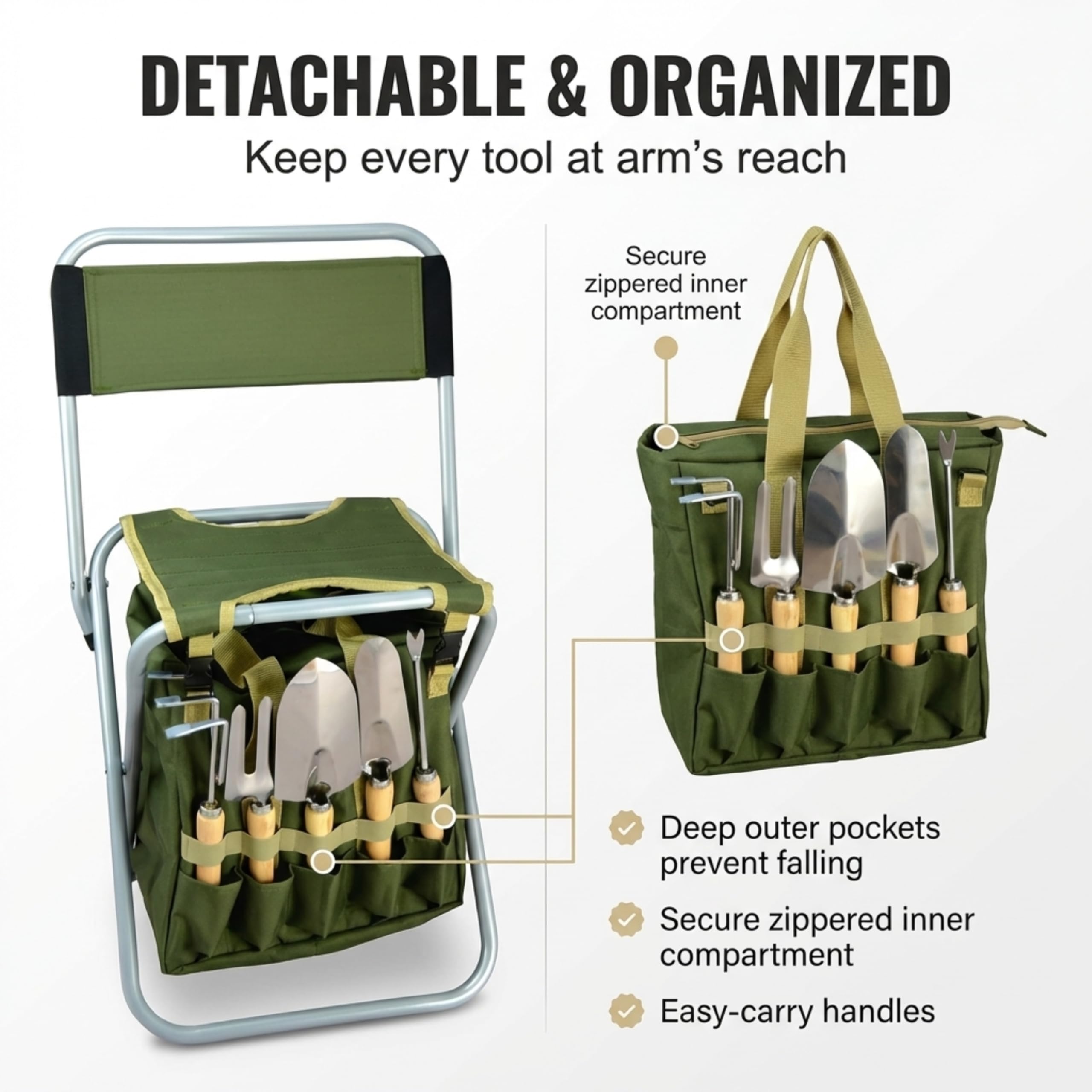 Bo-Toys - Set di 10 attrezzi da giardinaggio con borsa staccabile con cerniera e sgabello pieghevole con schienale