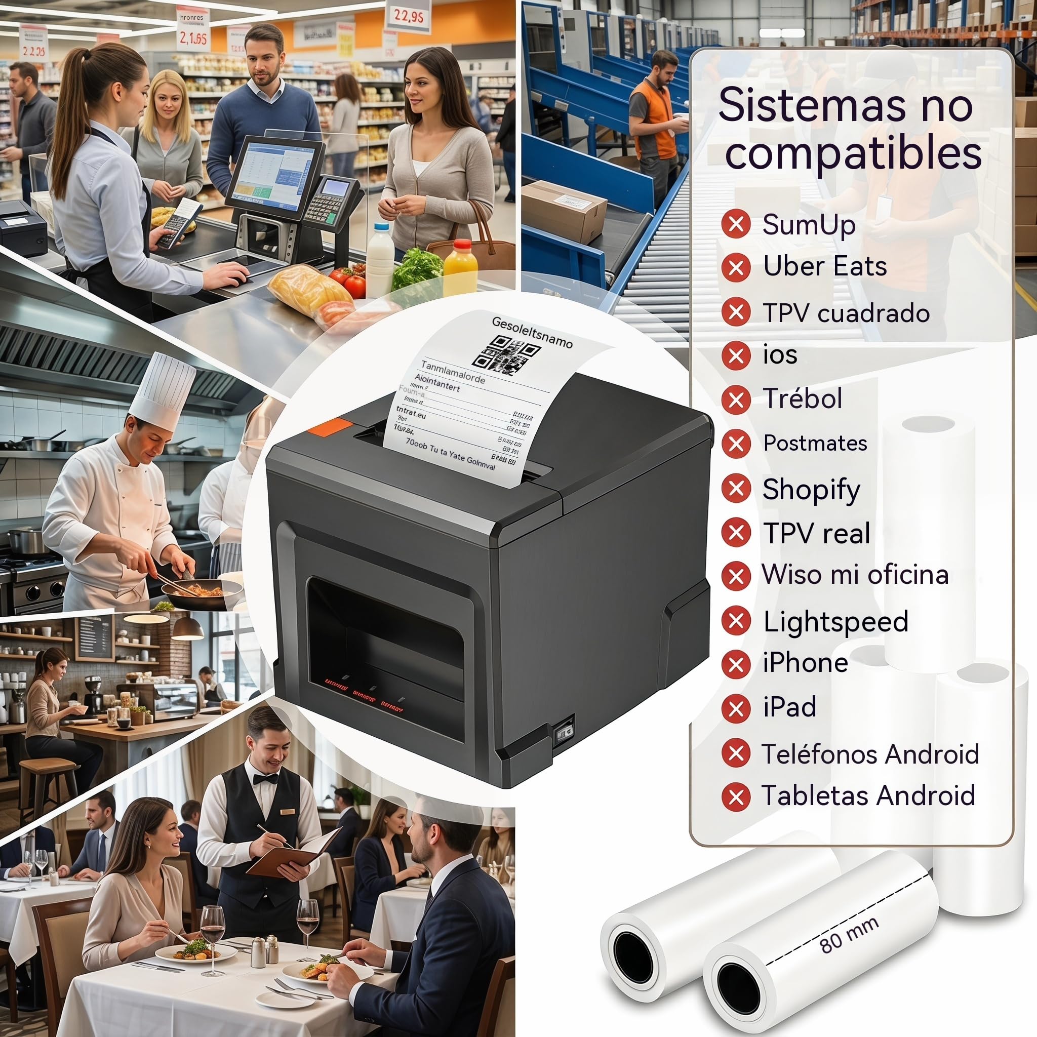 Impresora Térmica POS 80mm con Bluetooth y USB, 300mm/s, Compatible con Windows y Mac, Ideal para Restaurantes, Bares, Tiendas y Comercios