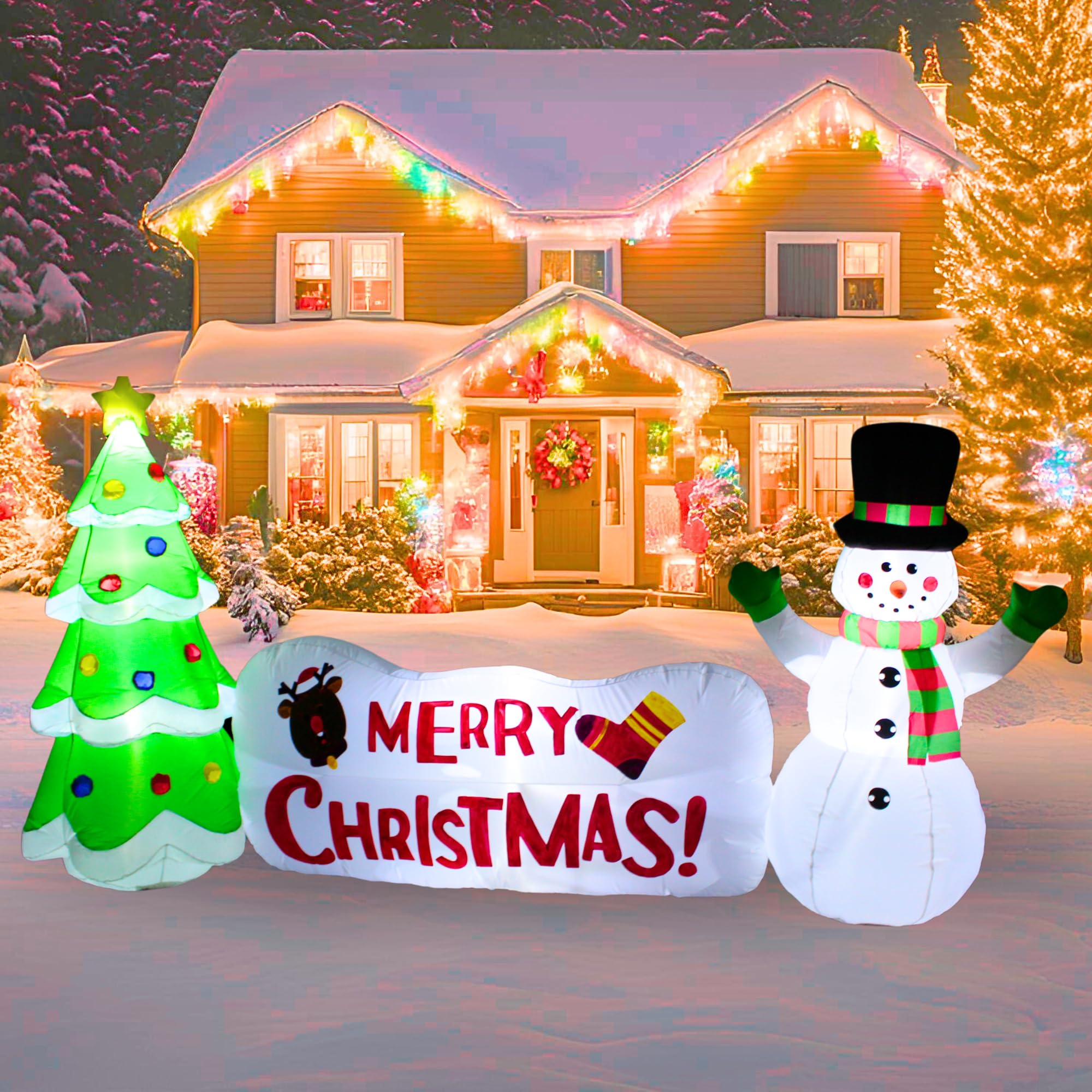 PTS Muñeco de nieve inflable de 10 pies con árbol y letrero para decoración al aire libre, decoraciones de patio inflable de Navidad, luces LED integradas, decoración divertida para interiores y