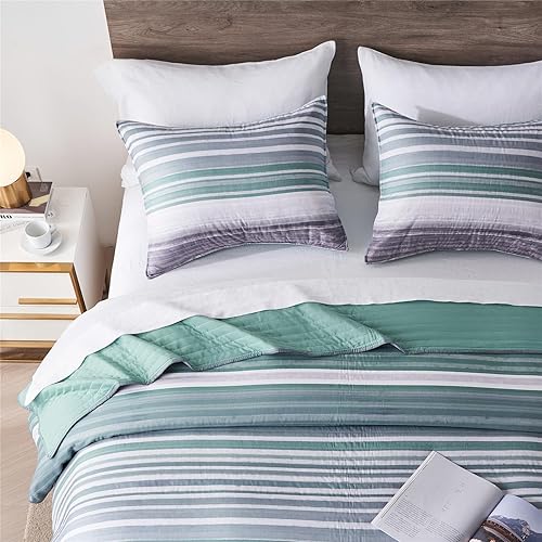 Miniatura 3 de KAKIJUMN Juego de ropa de cama matrimonialqueen, juego de edredón de rayas de retazos blanco, gris y verde, juego de colcha de 2 piezas suave