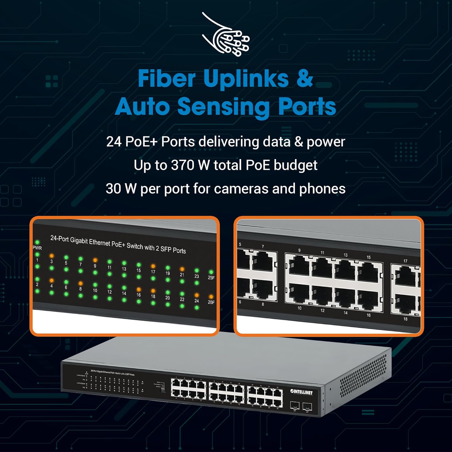 Intellinet 24-Port Unmanaged PoE+ Gigabit Ethernet Switch - 370W Power Budget, 2 x 1Gbps SFP Ports, Rackmount / Desktop, Autosensing Ports, Sturdy Metal – 3 Yr Mfg Warranty - 561891