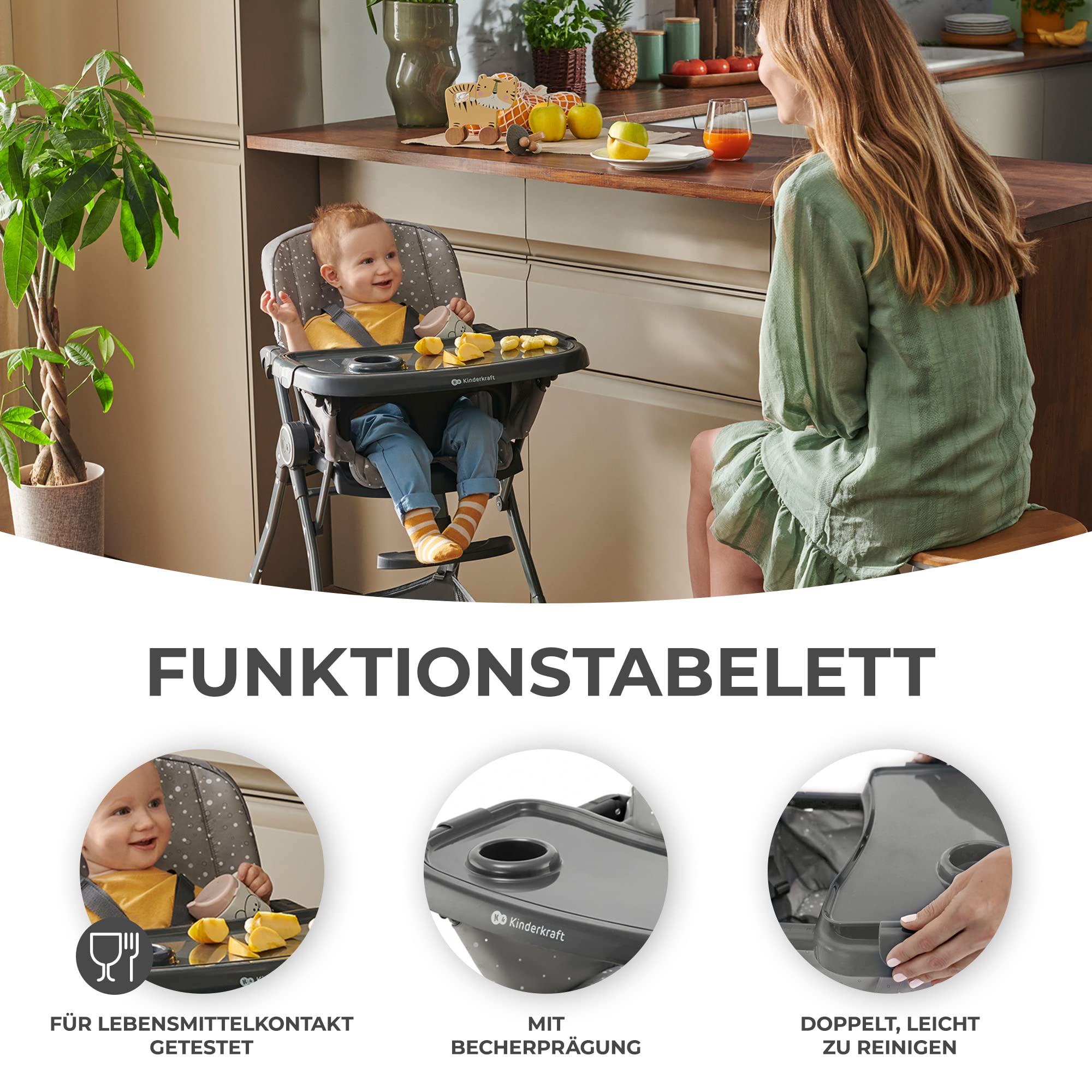 Kinderkraft FOLDEE Hochstuhl Baby, Kinderstuhl ab 6 Monate, Zusammenklappen, Leicht zu tragen mit einer Hand, Verstellbare Rückenlehne und Fußstütze, Tablett und Zubehörkorb im set, Grau