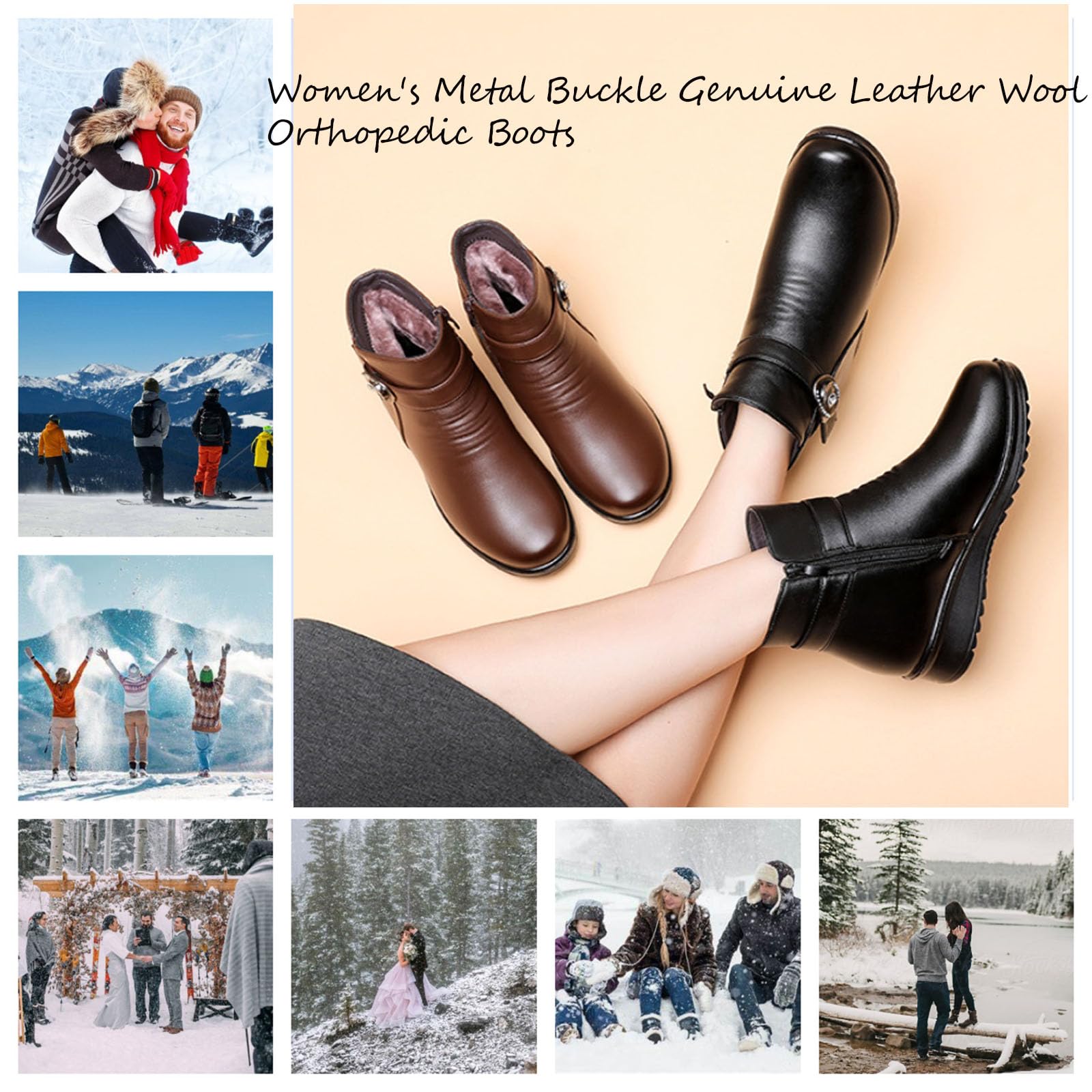 Orthopädische Stiefel für Damen, Metallschnalle, echtes Leder, Wolle, Winter, warm, rutschfest, Plüschfutter, seitlicher Reißverschluss, Stiefeletten