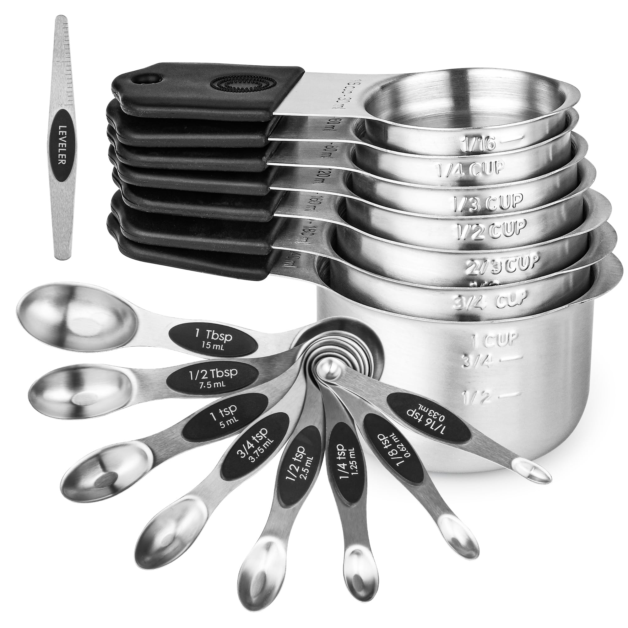 Smithcraft Magnetic Measuring Cups and Spoons Set 16, Metric & US Stainless Steel Measuring Cups and Spoons Set for Dry & Liquid, Metal Measure Cups &