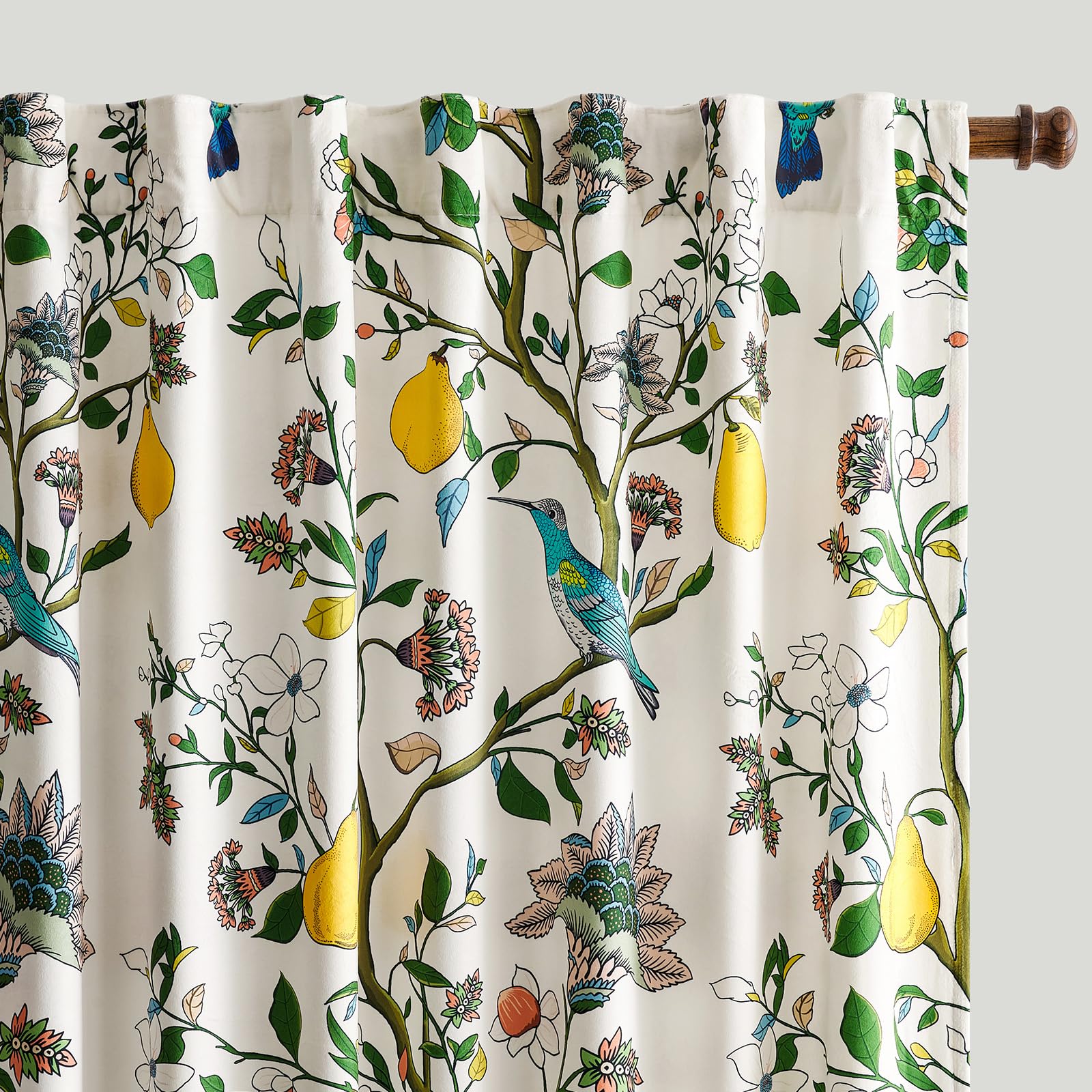 MUSSEL Velvet Whimsical Floral Curtains 63 inches Long,White Luxury Botanical Room Darkening Curtain Drapes,2 Panels Mid Century Hummingbird Art Deco