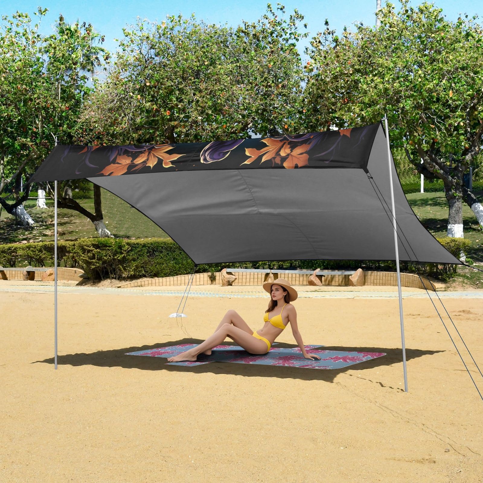 Dunkle Katze Halloween Strandzelt Sonnenschutz Camping-Vordach,Einfach Aufzubauen,Tragbar mit Sandsäcken für Angeln und Picknick im Freien