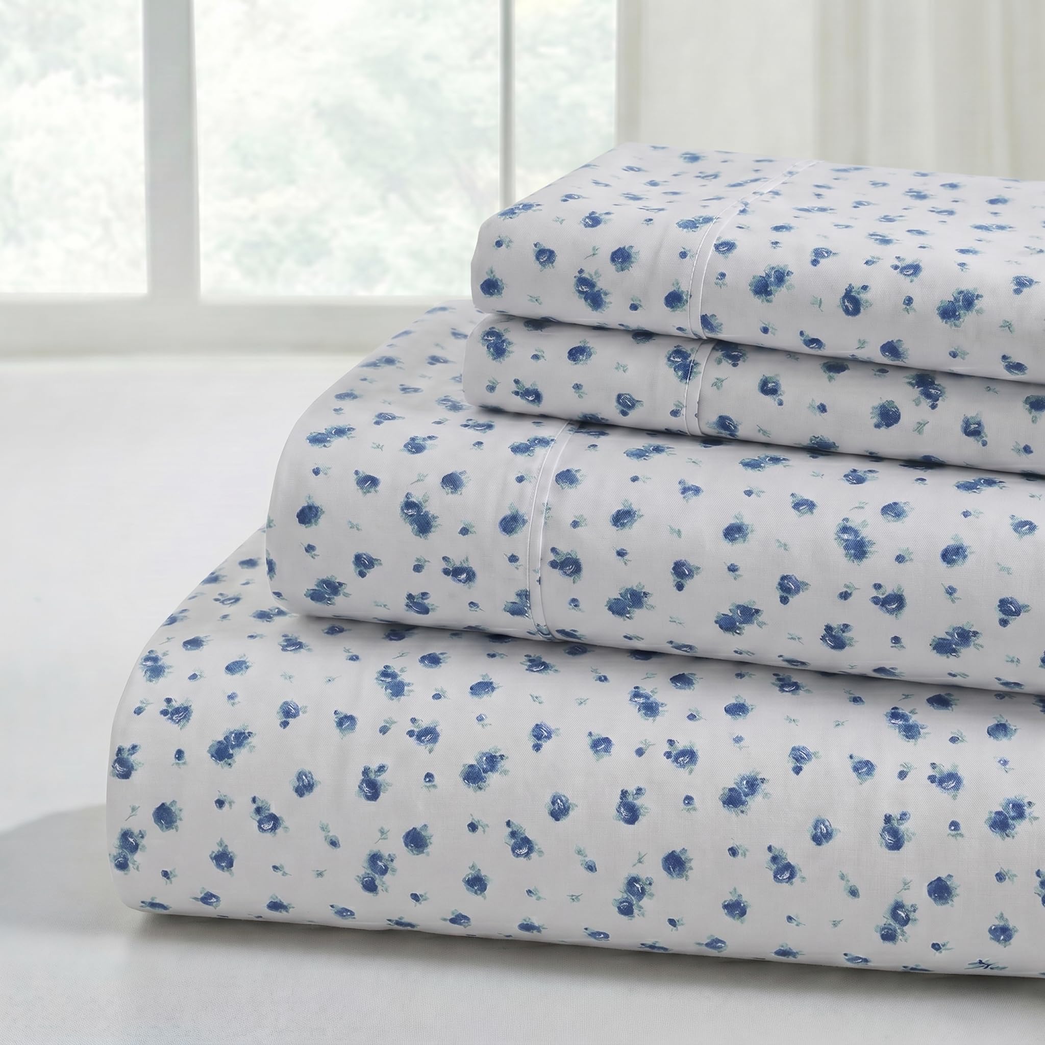 Modern Threads Silky Soft Microfiber and Wrinkle Free Sheets - Luxurious Microfiber Bed Sheets Includes Flat Sheet, Fitted Sheet with Deep Pockets, & Pillowcases Sweet Rose Blue, King