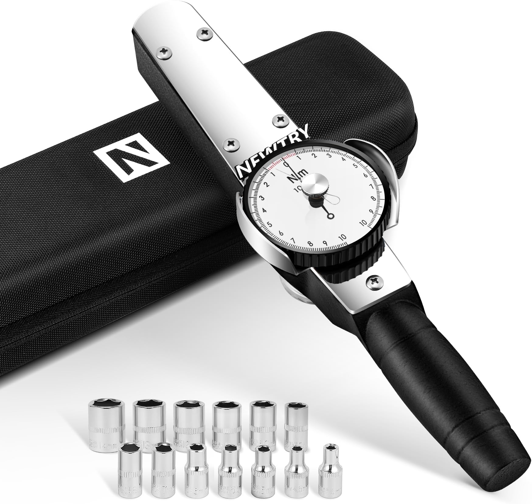 NEWTRY Dial Torque Wrench with Sockets Set (4-14mm), 1-10N.m Indicating Torquemeter, Precision Torque Meter, 1/4 inch pound Dial Torque Wrench Torque Force Tester