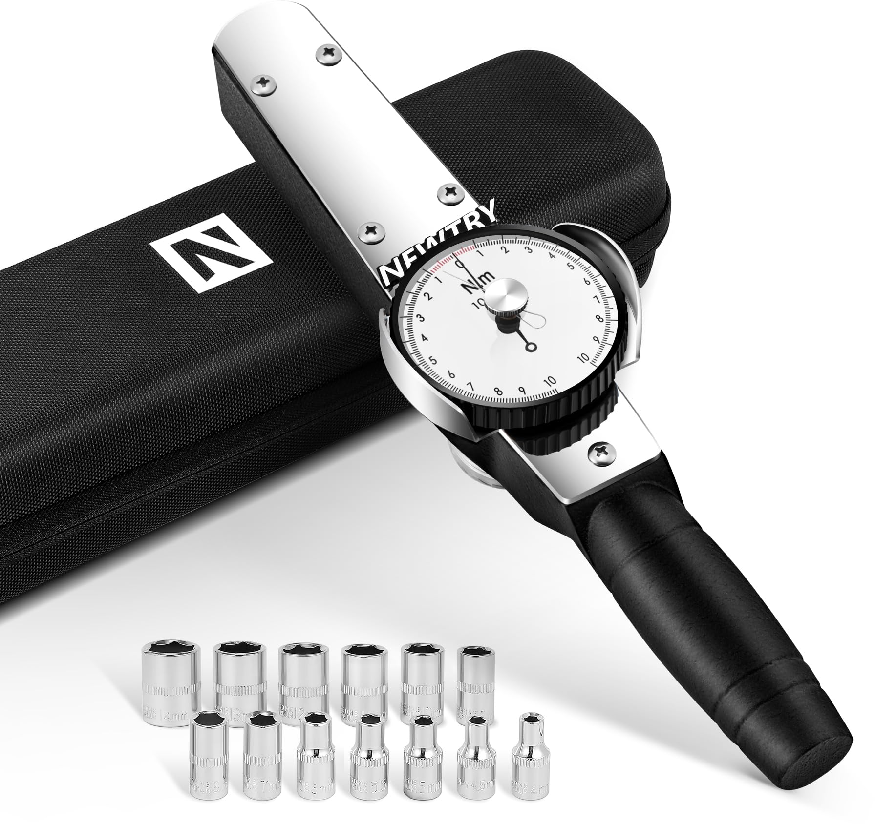 NEWTRY Dial Torque Wrench with Sockets Set (4-14mm), 1-10N.m Indicating Torquemeter, Precision Torque Meter, 1/4 inch pound Dial Torque Wrench Torque Force Tester