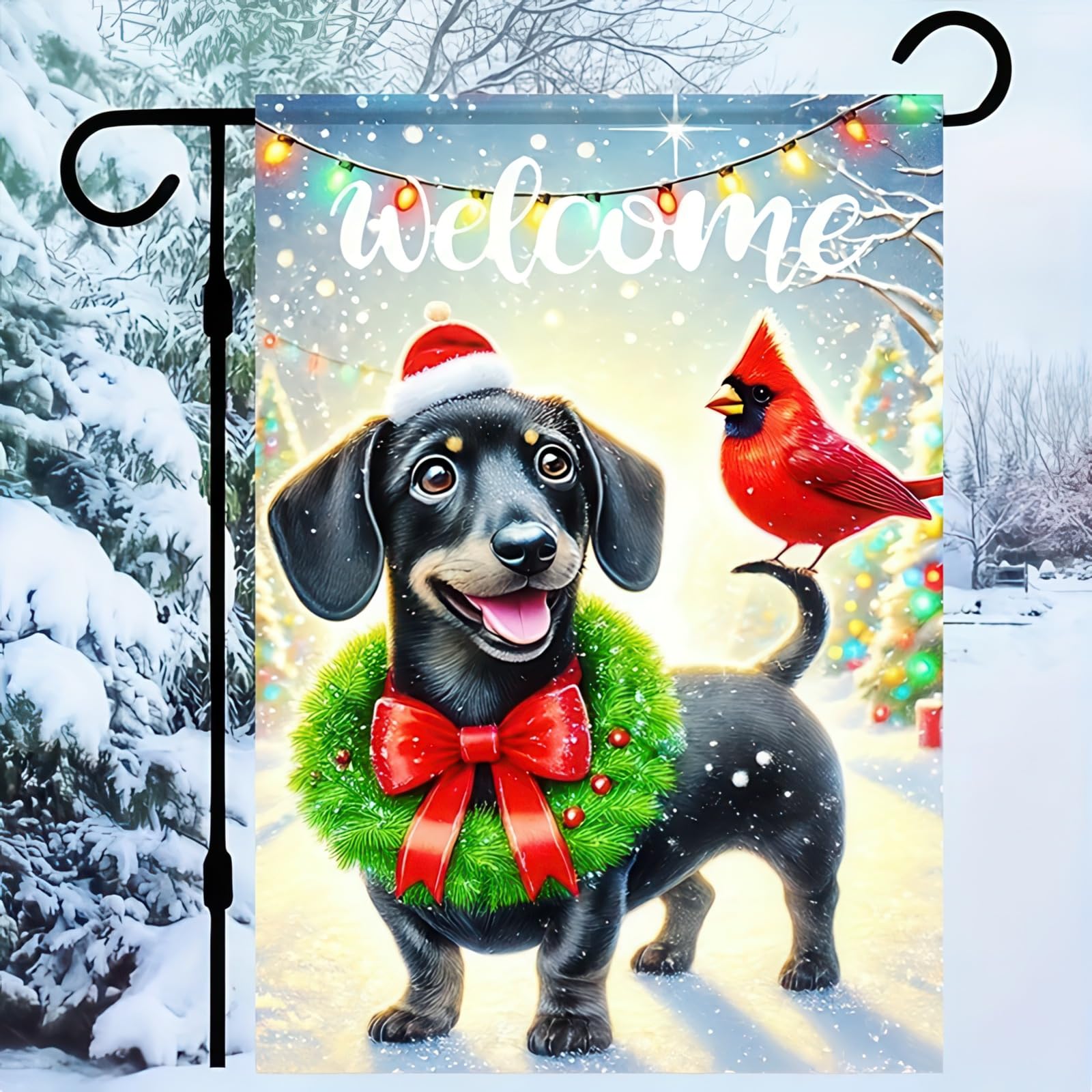Hello Winter Garden Flag Cute Dachshund Dog Garden Flag 12x18 Double Sided Christmas Tree Yard Flags for Winter Christmas Seasonal Outside Outdoor