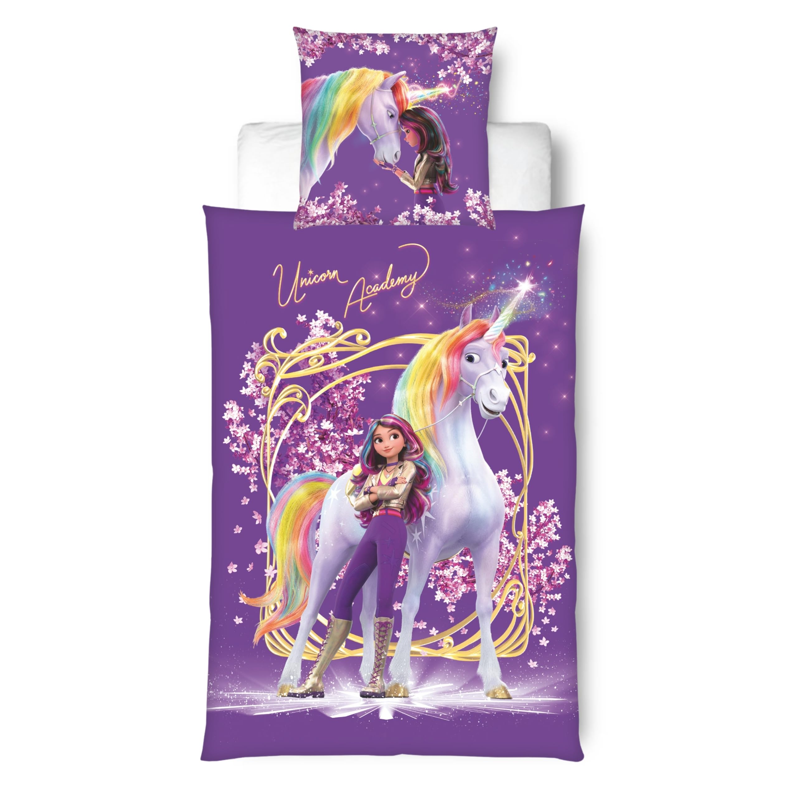MTOnlinehandel Bettwäsche Unicorn Academy 135x200 - Kinder Geschenkidee, 1x Kissenbezug 80x80 + Bettbezug 135x200, mit Reißverschluss - Sophia & Wildstar