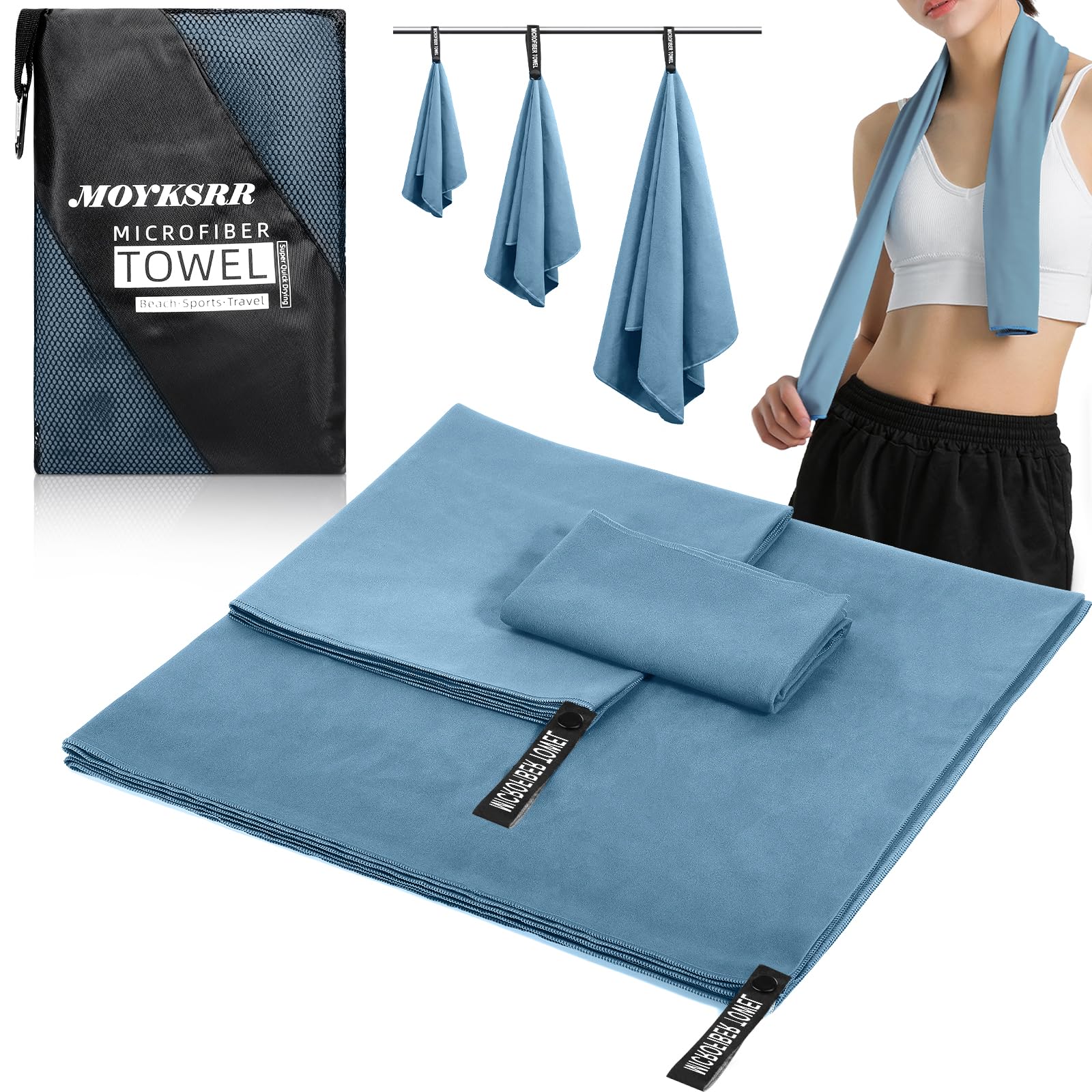 MOYKSRR Asciugamano Microfibra, Asciugamano in Microfibra 3 Set | 180x80cm+100x50cm+70x40cm, Asciugamani Palestra, Asciugamani in Asciugatura Rapida per Viaggi, Spiaggia, Yoga, Sauna(Mare Blu)