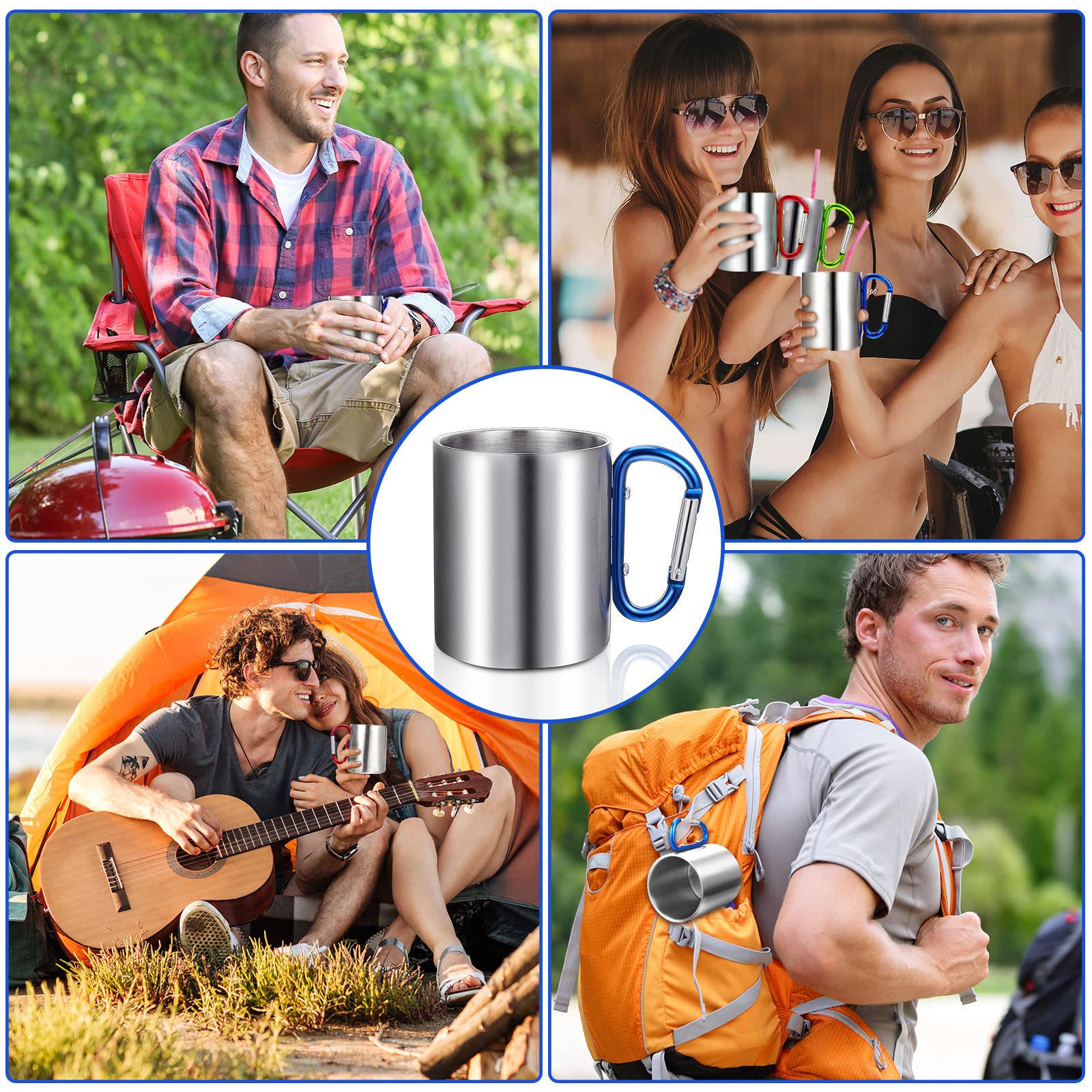 6 Stück isolierte Edelstahl Camping Kaffeebecher Tragbare Wandern und Rucksackreisen Camping Becher mit Griff für Outdoor Sport Reisen Wandern Küche 3 Stile