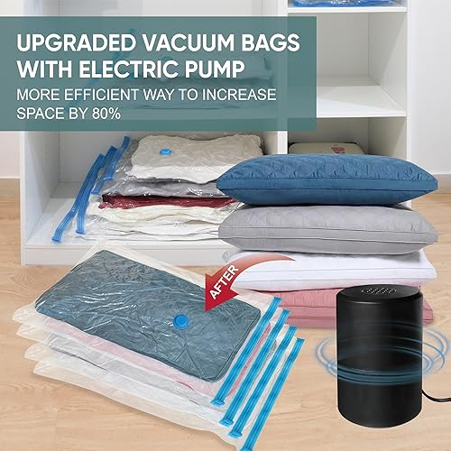 Miniatura 9 de Bolsas de almacenamiento al vacío con bomba eléctrica, 15 bolsas grandes que ahorran espacio, bolsas de sellado al vacío con bomba, bolsas de