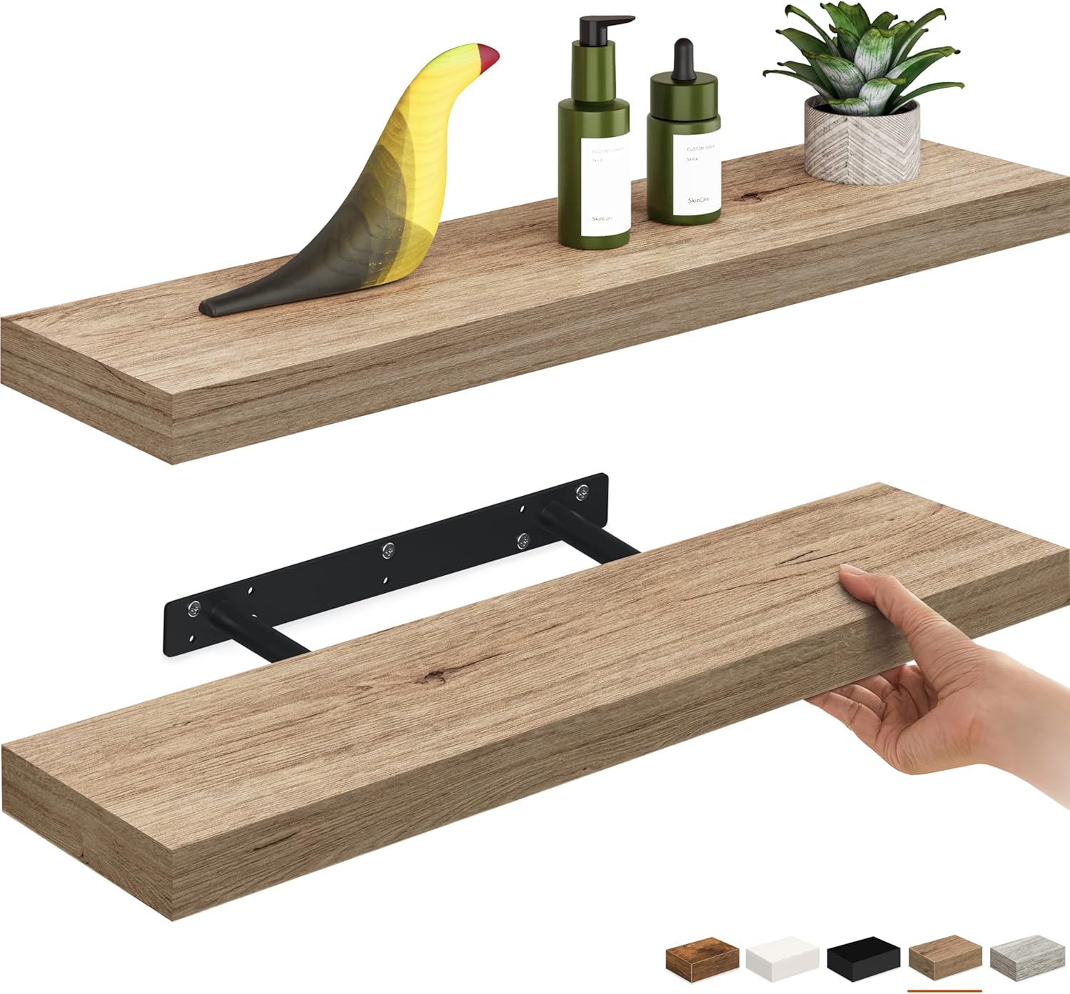 Ballucci Floating Shelves, 24" Wood Wall Shelf Set of 2, Invisible Brackets Floating Shelf Bathroom Wall Decor, Living Room, Bedroom, Kitchen, Nursery, 6" Deep, Natural Oak 24" - 2 Pieces Natural Oak