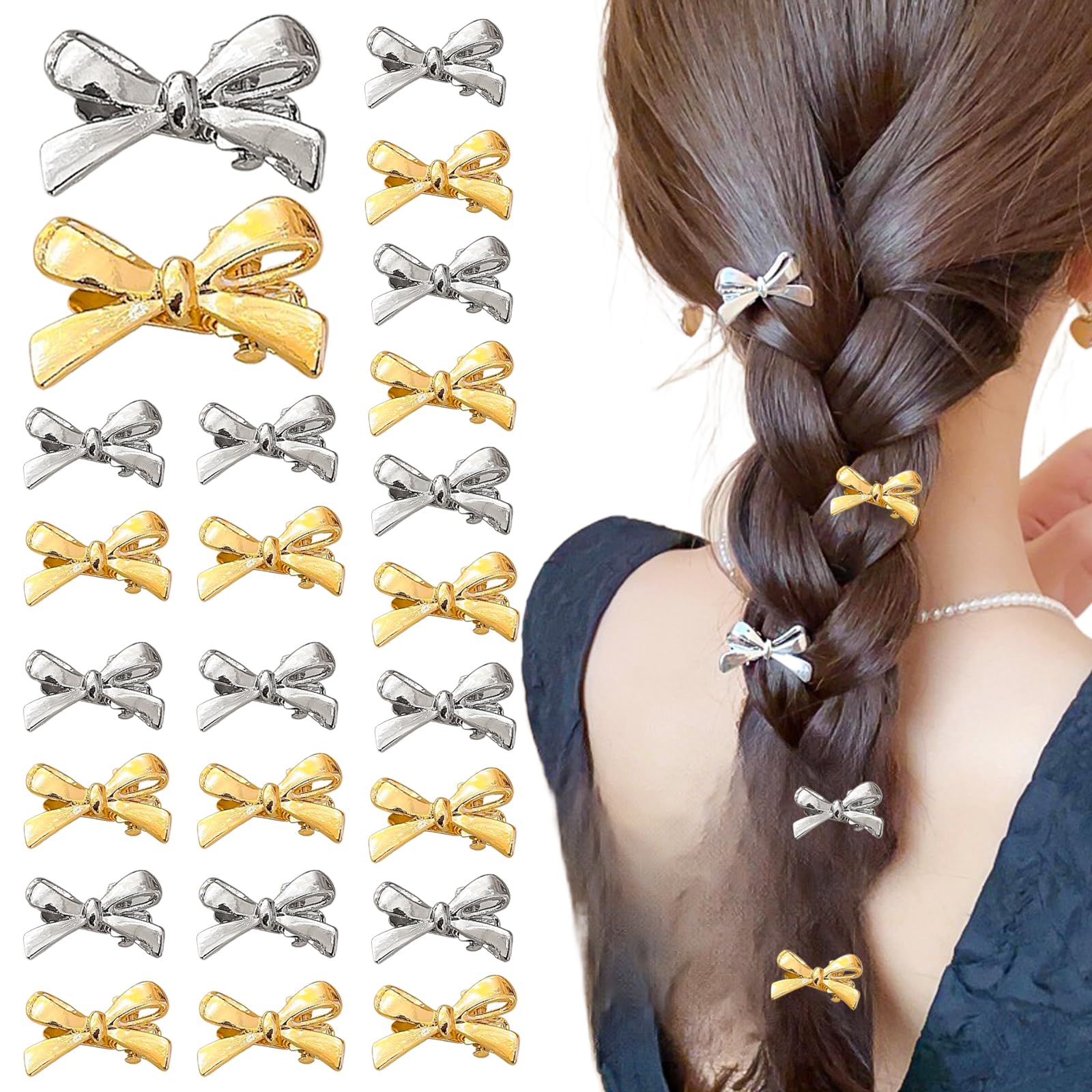 24 Pcs Mini Metal Bow Hair Clips Small Bow Duck Bill Hair Clips Cute Tiny Bow Hairpins Barrettes for Woman Girls Thick Thin Hair Bow Hair Accessories (Gold Sliver)