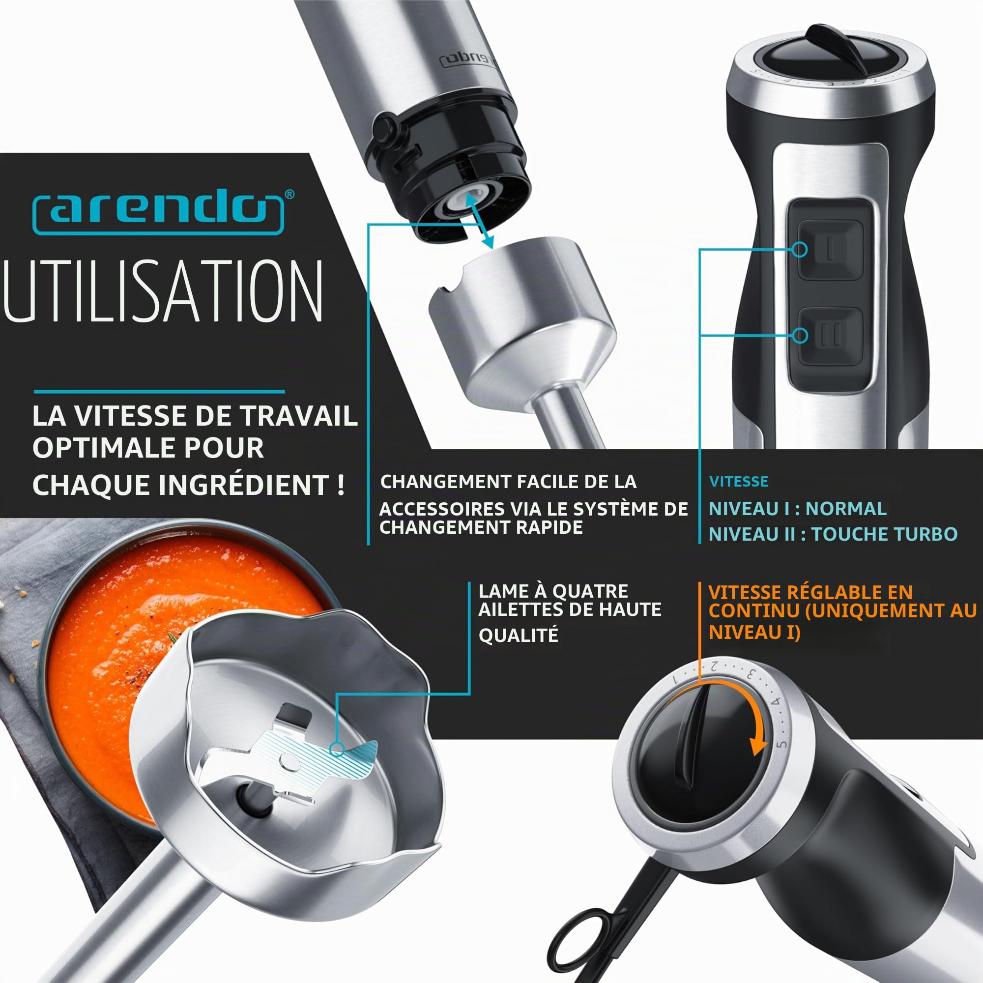 Arendo - Mixeur plongeant 1000 W en acier inoxydable - Couteau à quatre lames - Mélangeur à purée - Réglage en continu de la vitesse - Bouton turbo - Pied mixeur amovible