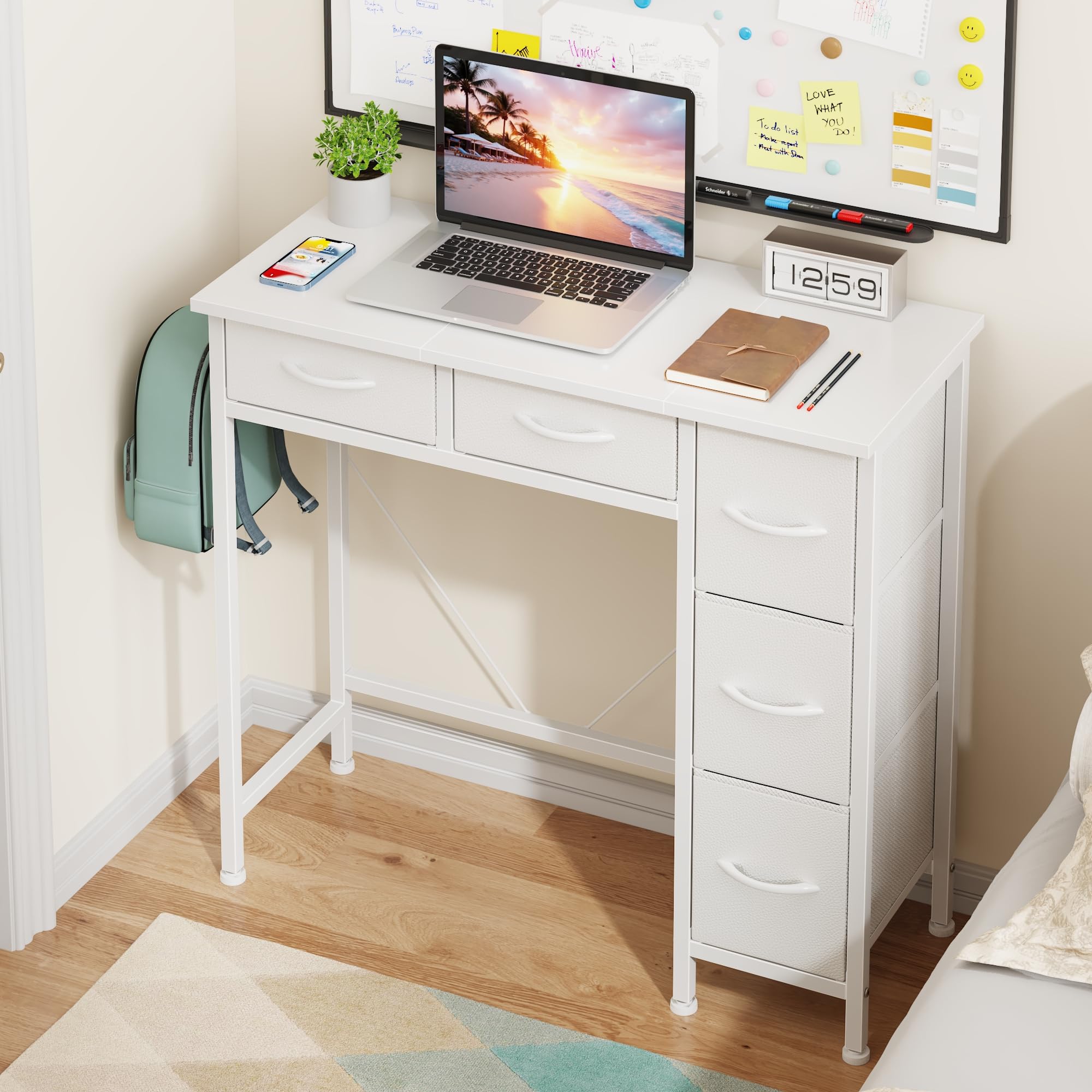 HIGDBFE 33" Small Computer Desk with 5 Fabric Drawers, White, 14.2" D