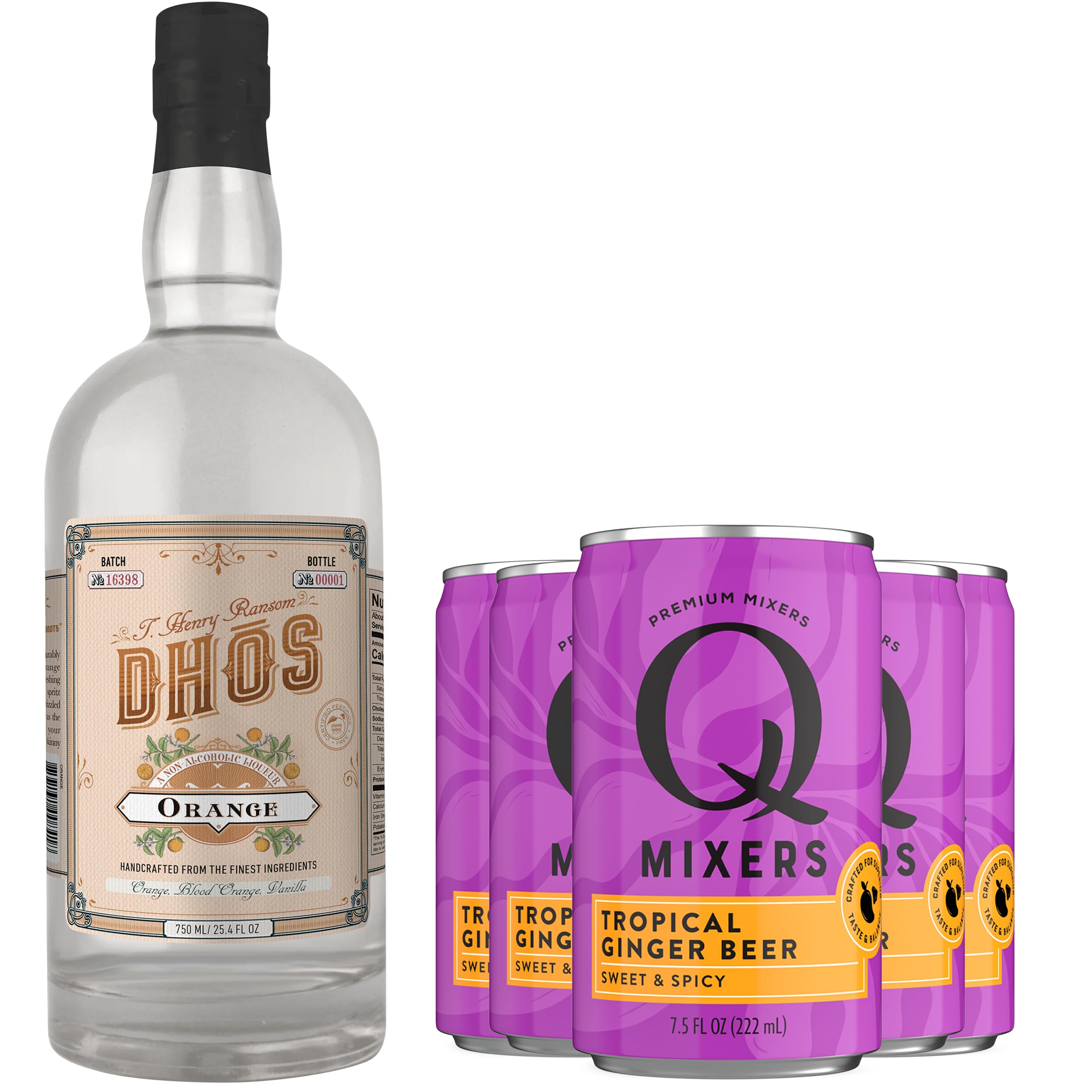 Dhos Handcrafted Non-Alcoholic Orange w 5 Pack Q Mixers Tropical Ginger Beer - Keto-Friendly, Zero Sugar, Zero Calories, Zero Proof - 750 ML - Perfect for Mocktails - Made in USA