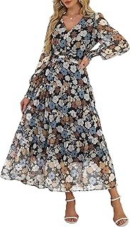 Womens Floral Long Sleeve Maxi Dress V Neck Chiffon Flowy Boho A-Line 20...
