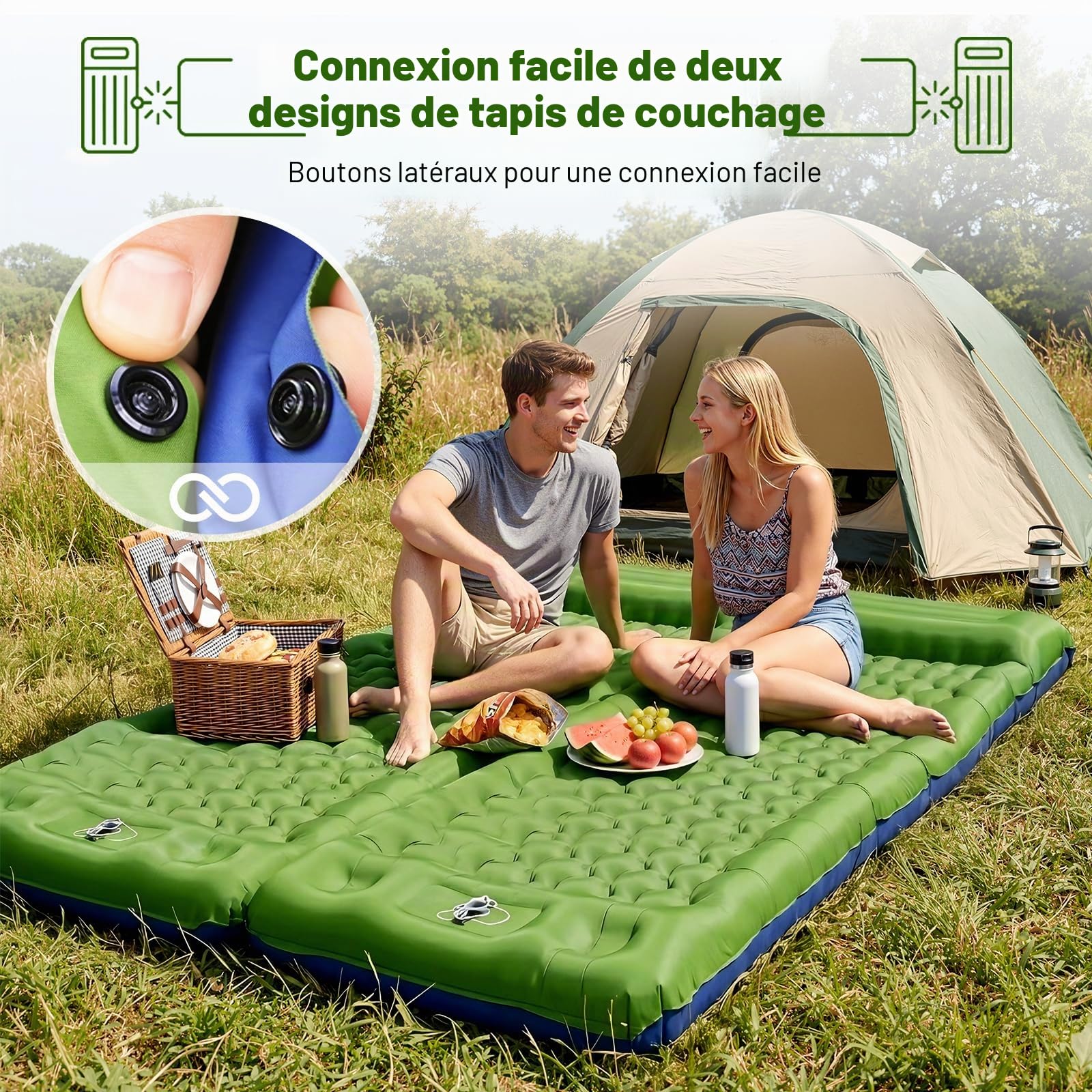 JATEKA Matelas Gonflable 1 Place, Matelas Camping Large de 83cm Ultra Léger avec Oreiller et Pompe à Pied intégrée, Matelas Gonflable 1 Place Résistant à l'eau Randonnée/Tente Bleu Verdâtre