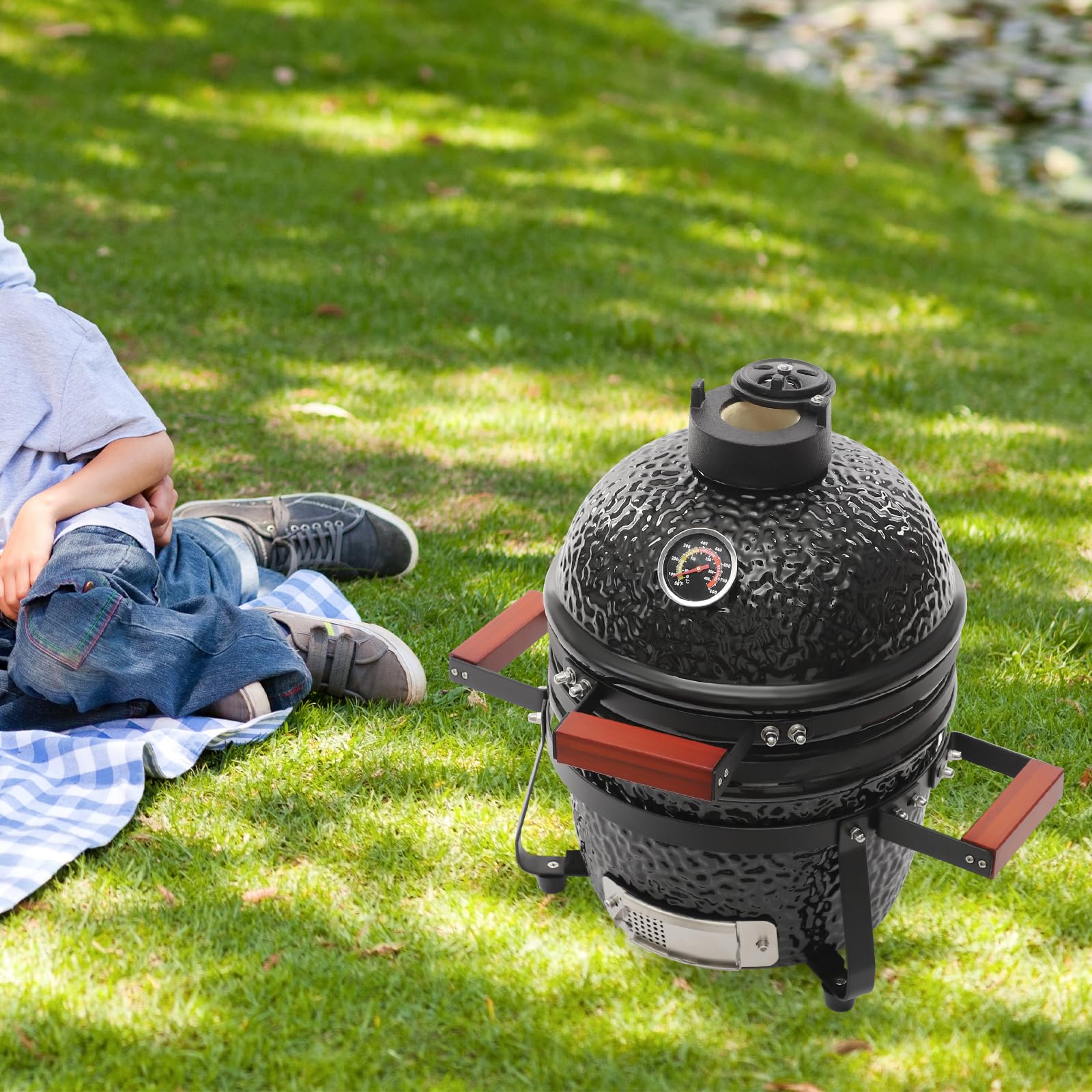 Barbecue En Céramique Kamado 32 Cm - Portable, Au Charbon De Bois, Avec Thermomètre - Pour Jardin, Camping