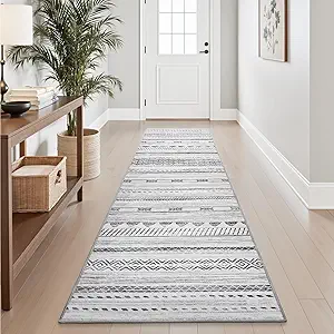 2x10 Runner Rug Machine Washable Non Slip Area Rug Distressed Neutral Moroccan Boho Rug Ultra Soft Floor Runners for Hallways for Entryway Laundry Room Kitchen, Black