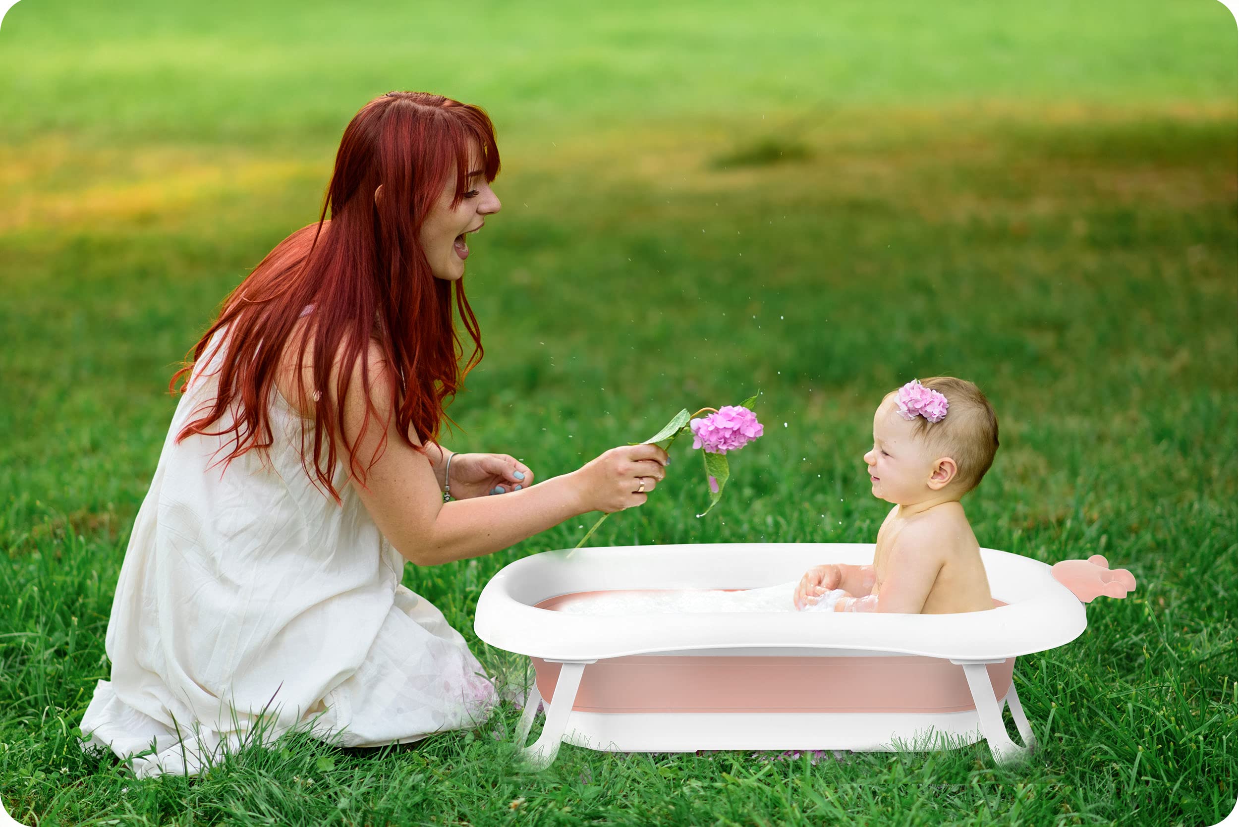 Ricokids Bañera Bebé Plegable Ligera Con Patas Antideslizantes Almohadilla De Baño Termómetro Integrado 0-6 Años 0-45 kg Blanco Rosa