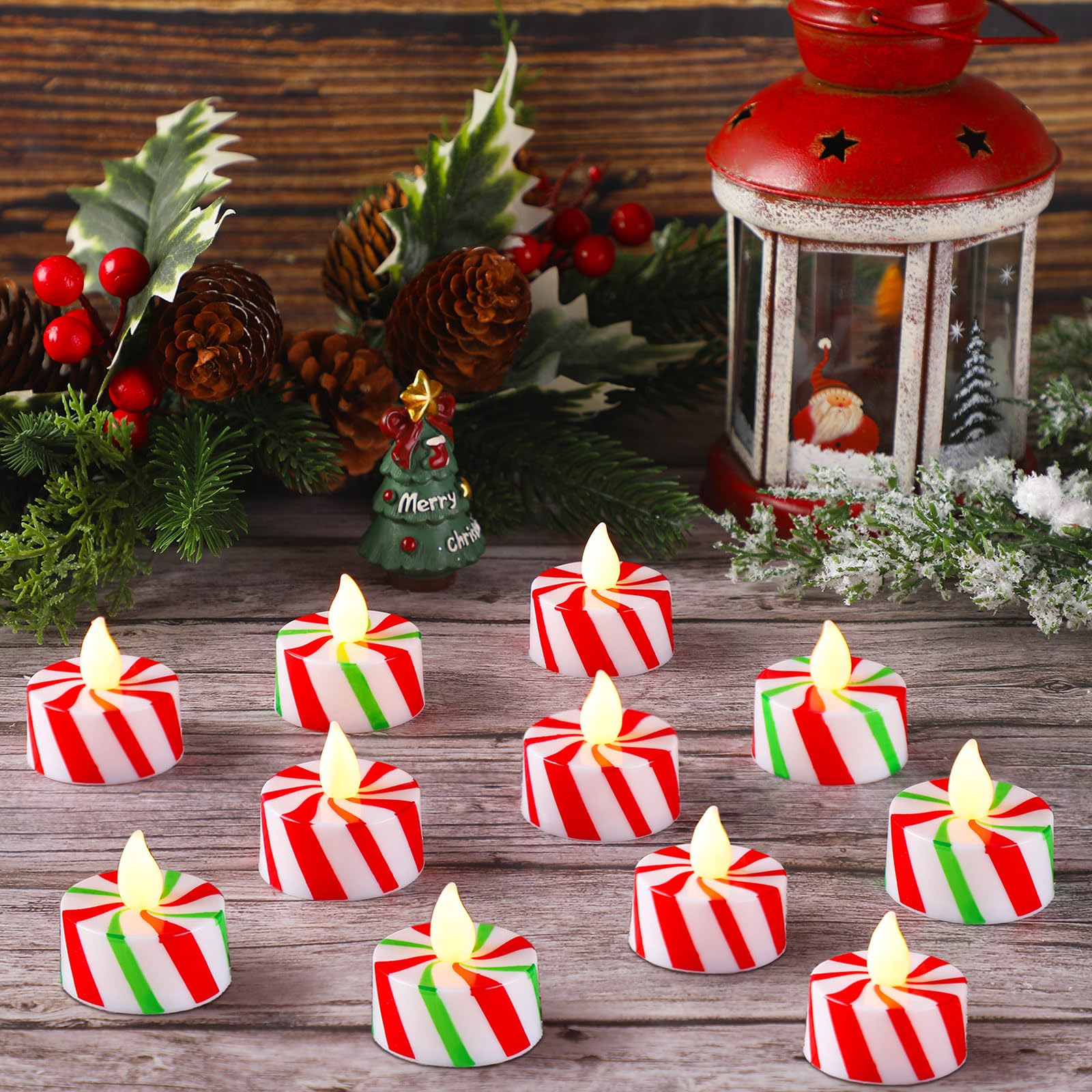 Photo 1 of Ferraycle 24 Pcs Christmas Candy Cane Striped Tea Lights LED Christmas Tea Lights Flameless Christmas Candles Battery Operated Tealight Candles for Christmas Table Party Decorations Outdoor Decor Bulk