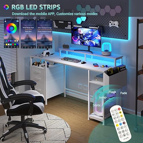 Miniatura 4 de Lufeiya - Escritorio blanco para computadora con gabinete de cajones, escritorio de oficina en casa de 55 pulgadas con estantes para monitor,