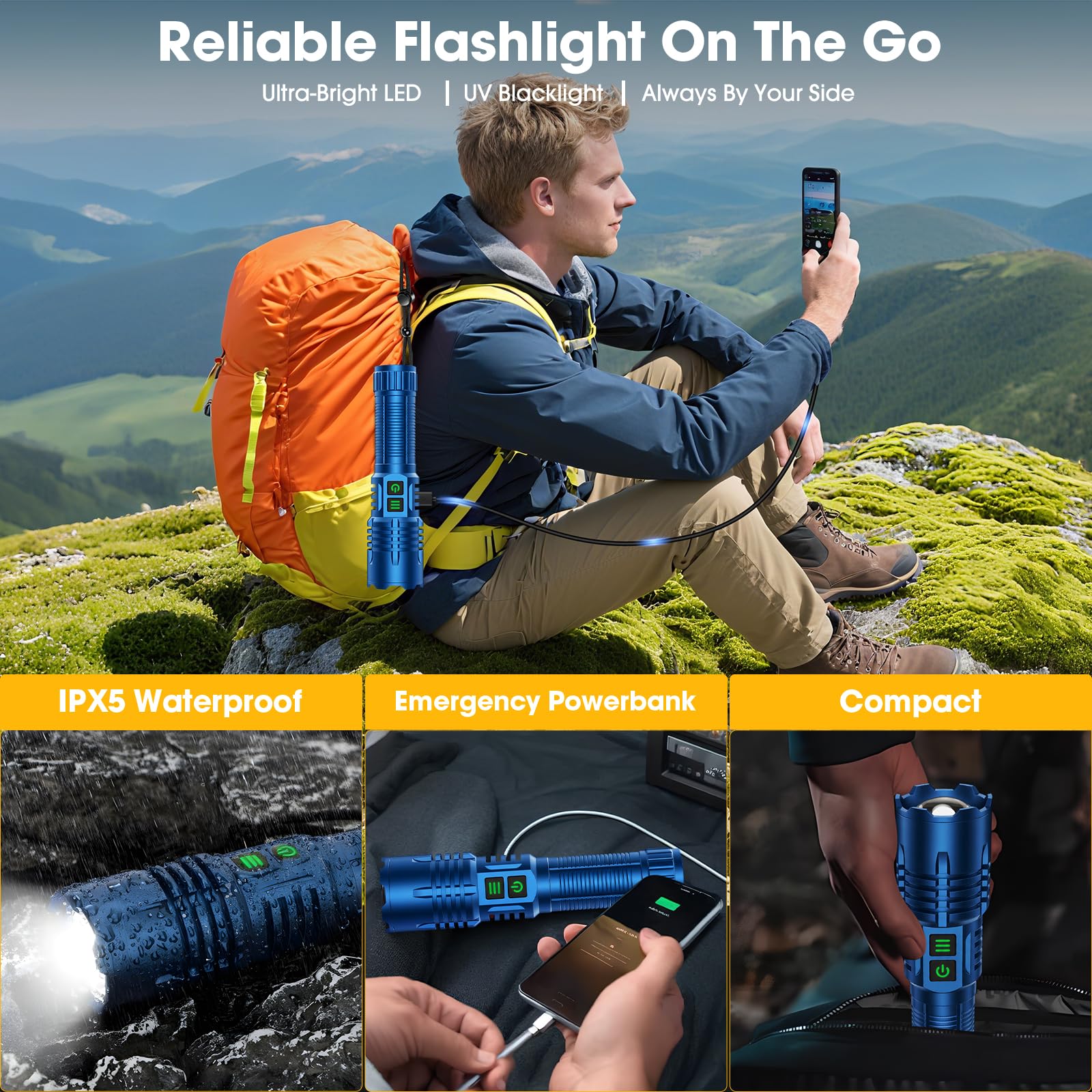 Linternas de luz negra para detección de orina de mascotas, luz negra UV y linterna de lúmenes altos, recargable, impermeable, linterna LED UV táctica para curado de resina, escorpión, camping, azul
