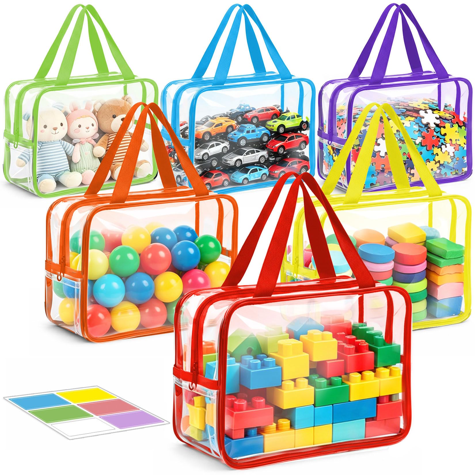 6 Packs Large Toy Storage Bags, Reusable Clear PVC Storage Bags with Zipper, Travel Waterproof Organizer Bags for Puzzles, Building Blocks,Board Game, Kids Books, Stationery(Colorful)