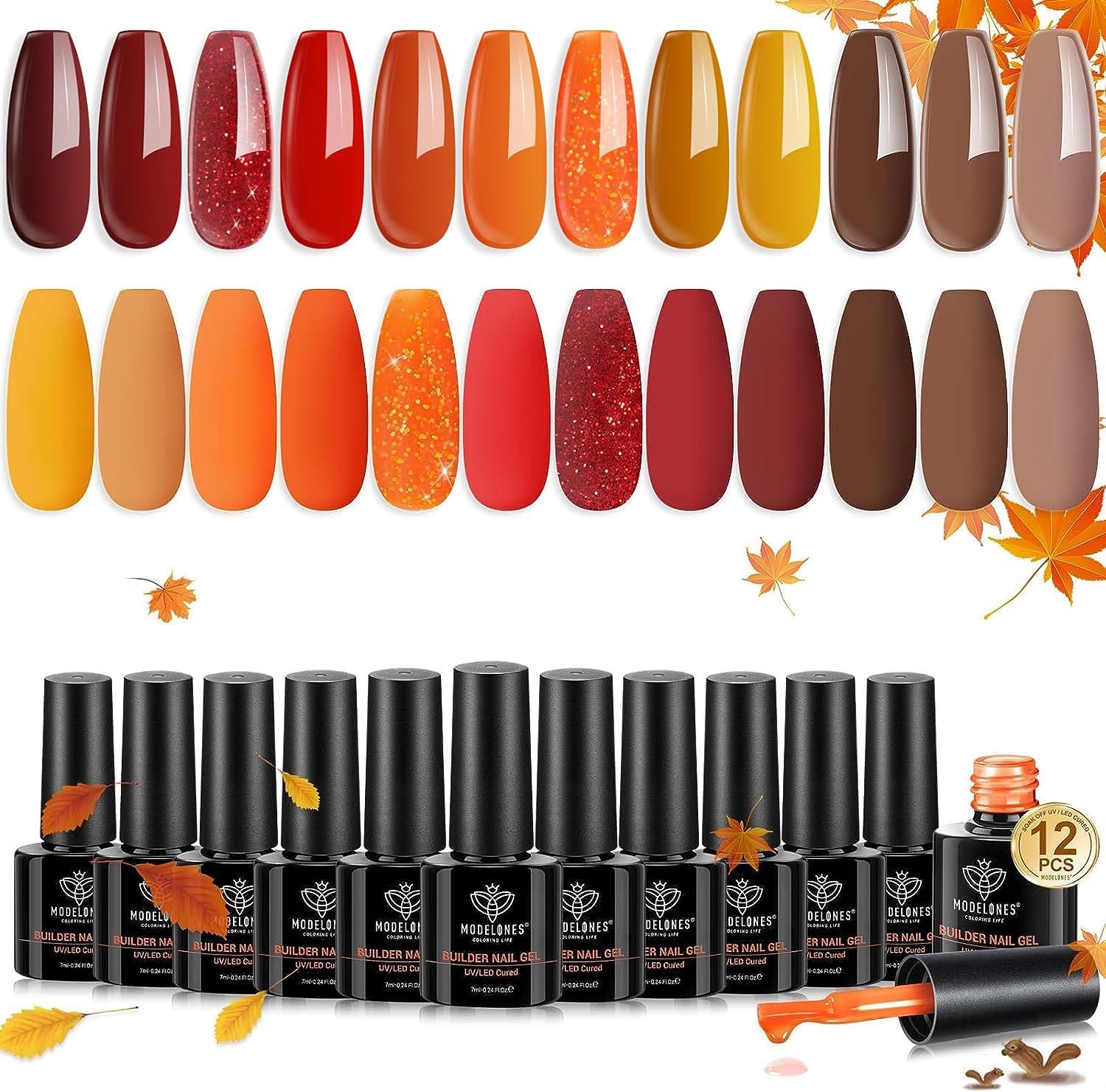 modelones12 Colors Builder Gel Set, Fall Winter Gel Builder Glitter Red Orange Brown Hard Gel Builder Nail Strengthener Extension Gel Color Base Gel Rhinestone Builder Gel in a Bottle