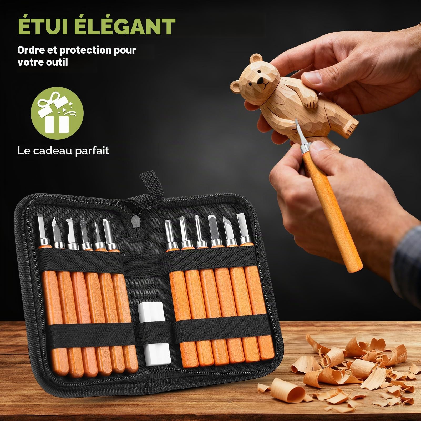 EOJDDPA Kit de Sculpture sur Bois pour Enfants : Ensemble de 12 Pièces avec Gants - Couteau de Sculpture pour Enfants dès 8 Ans - Incl. Guide & Bois de Tilleul - Créatif et Sécurisé