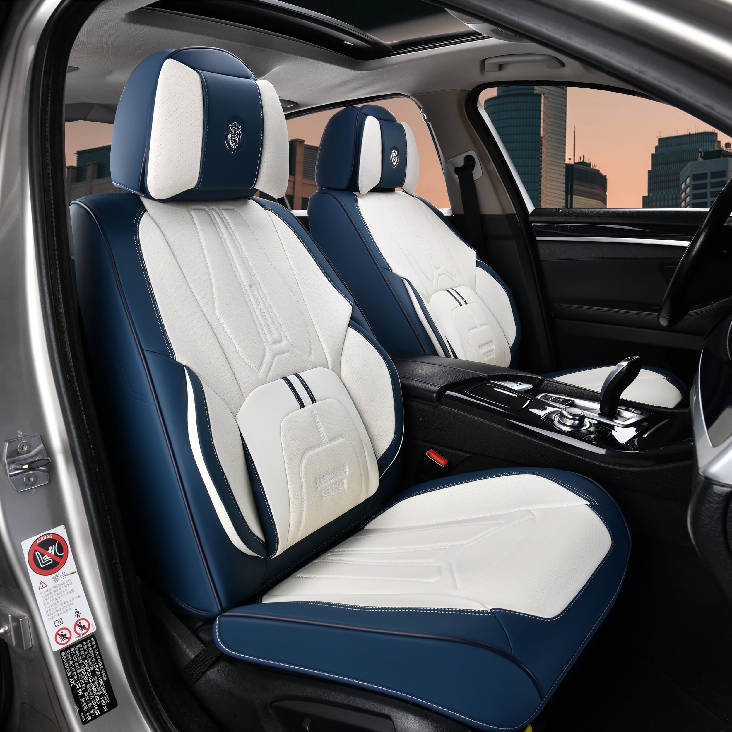 Copri sedili auto 5 posti - Universale per il 90% di berline/SUV/4x4 | Supporto lombare nascosto | Antiscivolo & Duraturo | Finta pelle di alta qualità (Blu-Bianco)