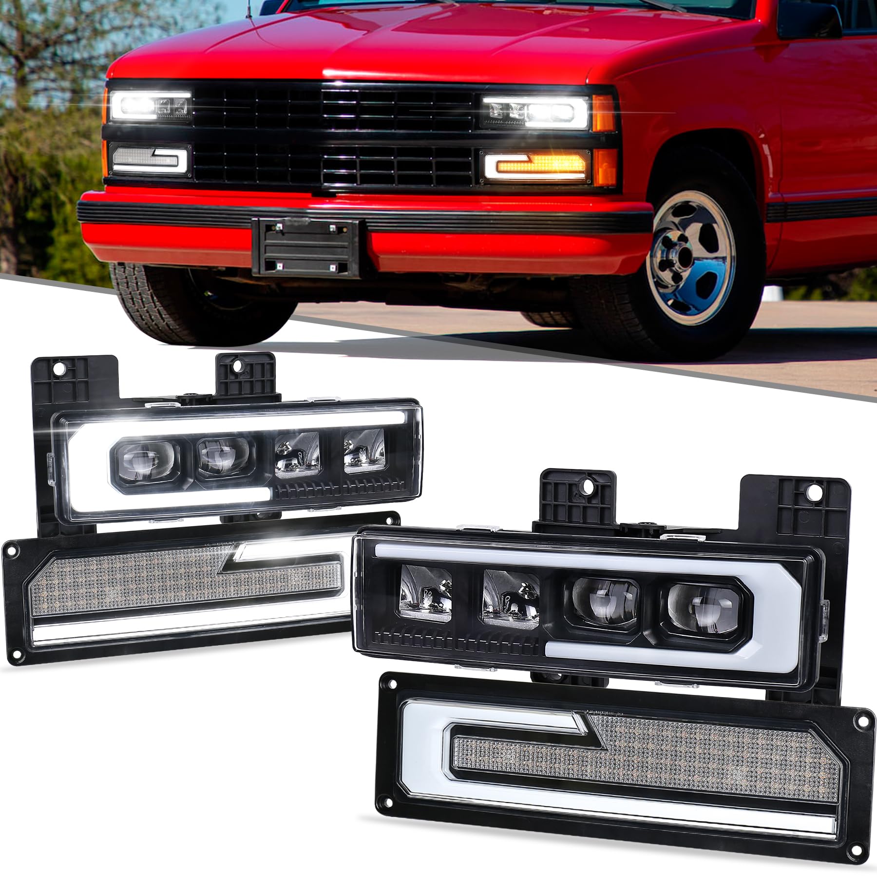LED Headlights Assembly+LED Turn Signal Lights with White DRL Welcome Light Compatible with 1988-1998 Chevy GMC C/K 1500 2500 3500 Silverado Tahoe Suburban Yukon C10