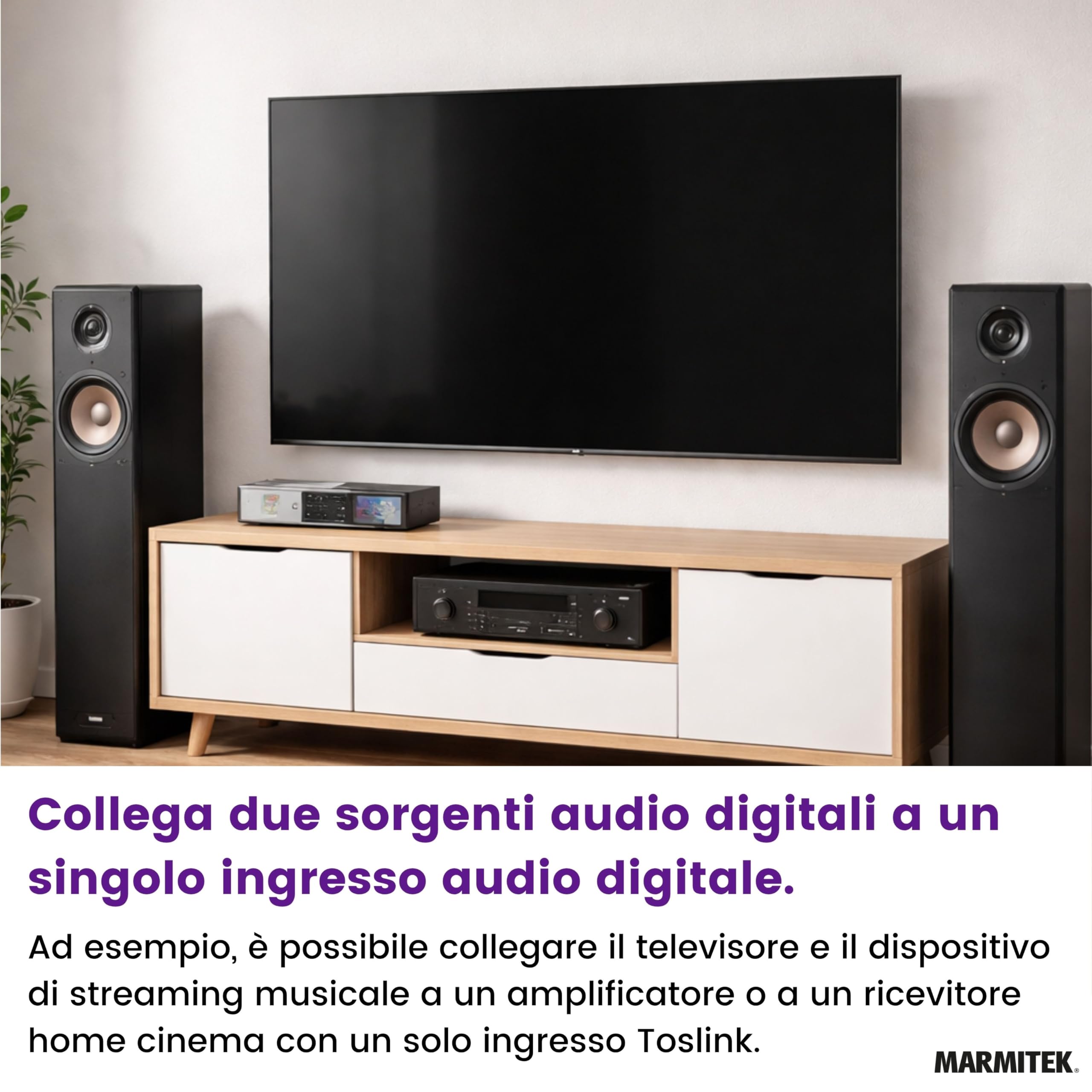 Toslink Audio Switch - Marmitek Connect TS21 - Audio Soft Optical - 2 In / 1 Out - S / PDIF - Frequenza di campionamento 192 kHz - Dolby Digital - DTS - Switch per cavi in ​​fibra ottica | Commutatore audio ottico per TV, amplificatore e home cinema, senz
