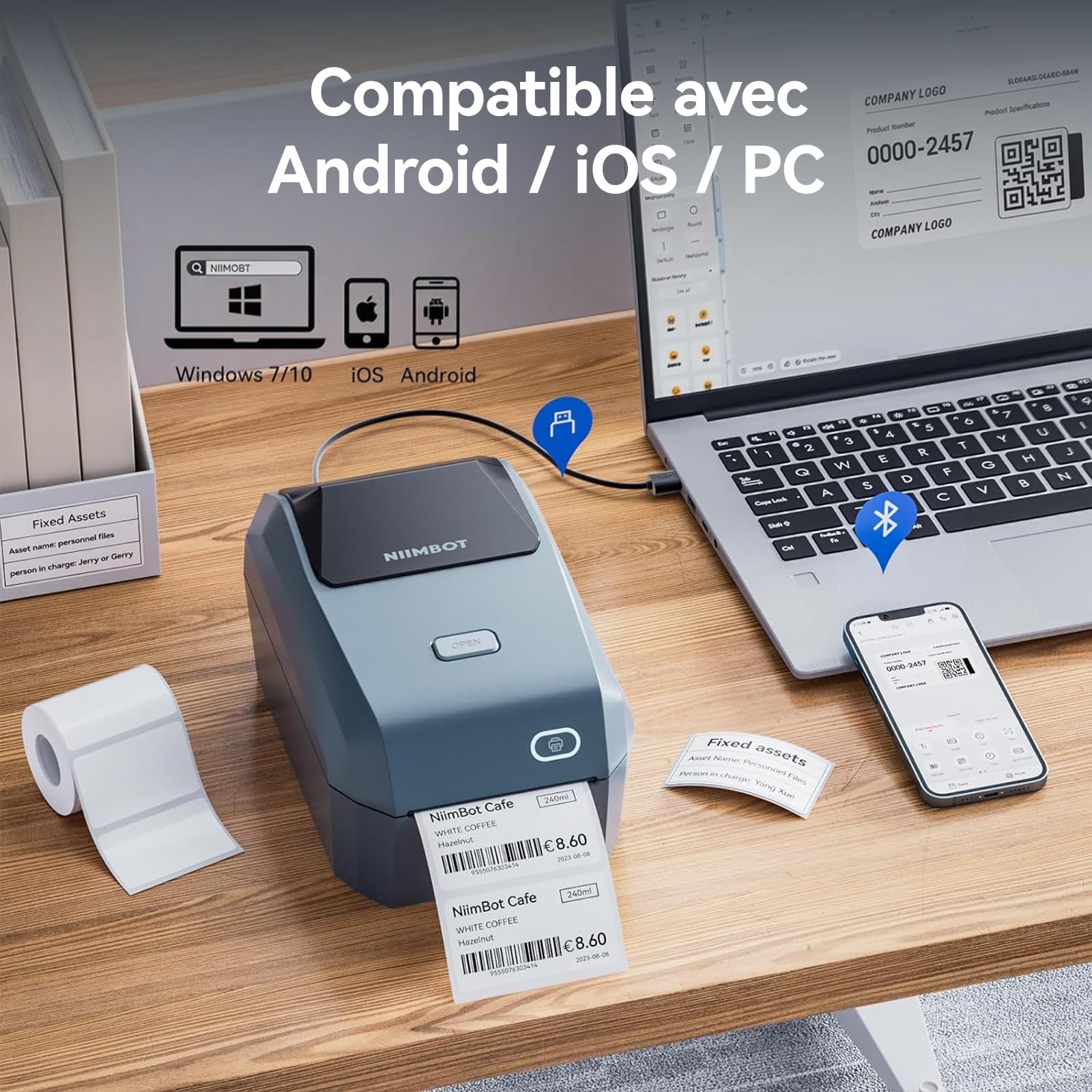 NIIMBOT Imprimante d’Étiquettes K3, Impression Rapide, Bleu | Largeur d’Impression Maximale 82 mm, Compatible PC, 7 Android et 3 IOS, pour Petite Entreprise et Bureau
