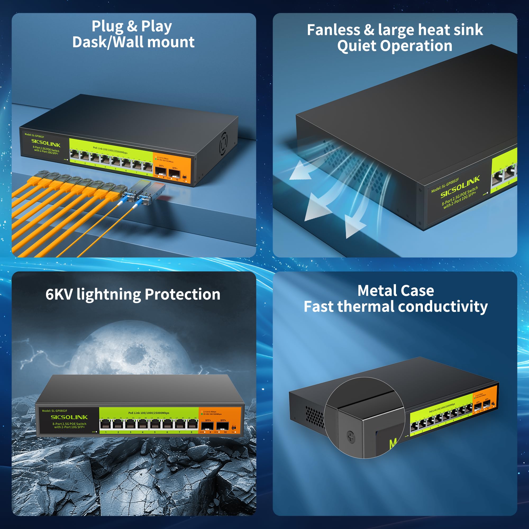 Switch PoE+ a 8 porte 2.5G con Uplink SFP+ 2×10G, Switch Ethernet non gestito da 120 W, IEEE 802.3af/at, Plug & Play per NAS, AP, PC da gioco - Protezione Lightning 6KV, custodia in metallo