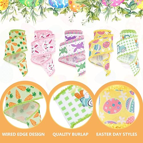 Miniatura 3 de Whaline Cinta de Pascua con borde con alambre de 30 yardas, rosa, verde, amarillo, poliéster, 2.5 pulgadas x 6 yardas cada uno, 5 rollos, Pascua,