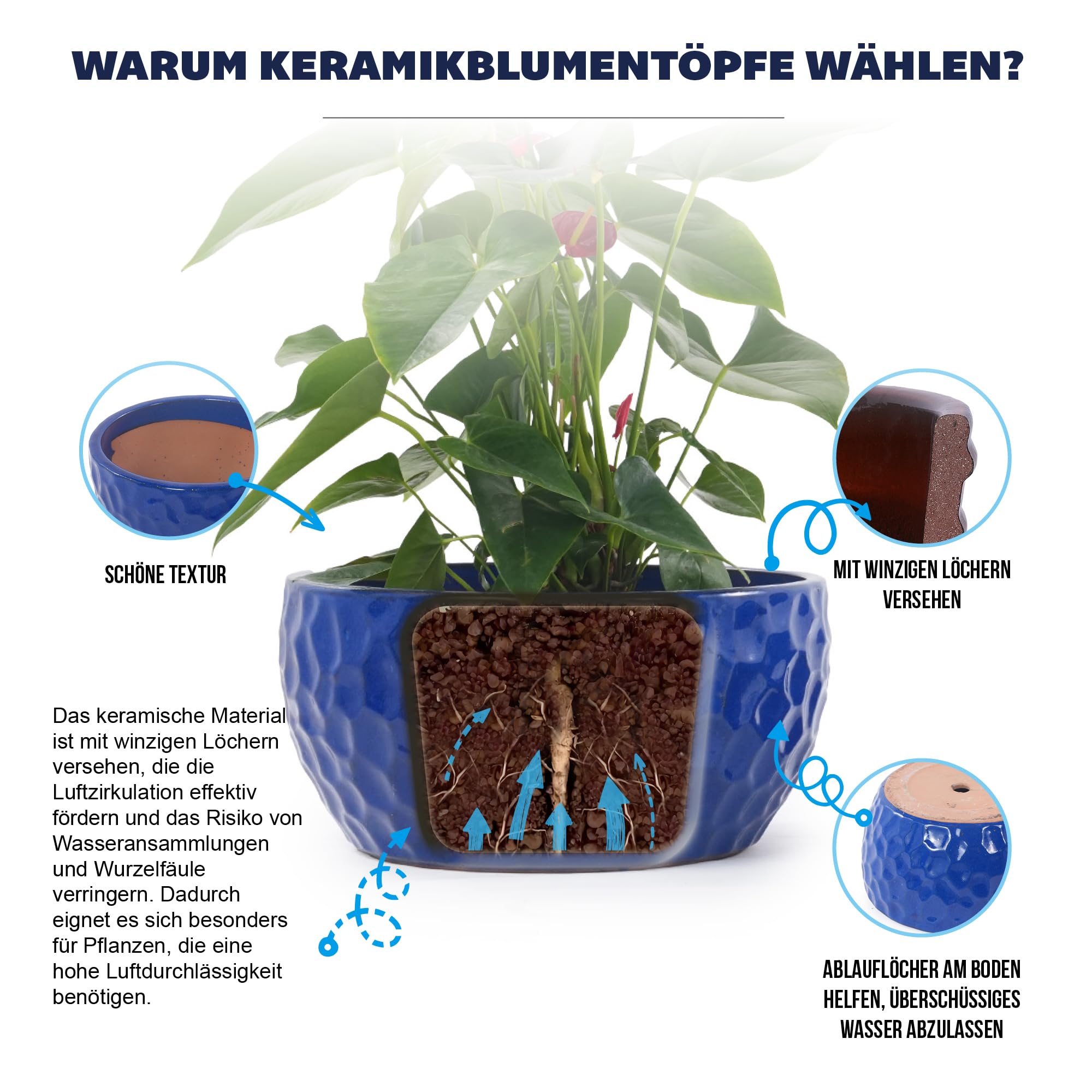 3-teiliges Keramik Pflanzentopf with Ablaufloch, 24.50/ 30,50/38 cm, Blau | Gehammerte Oberfläche, flacher Blumentopf