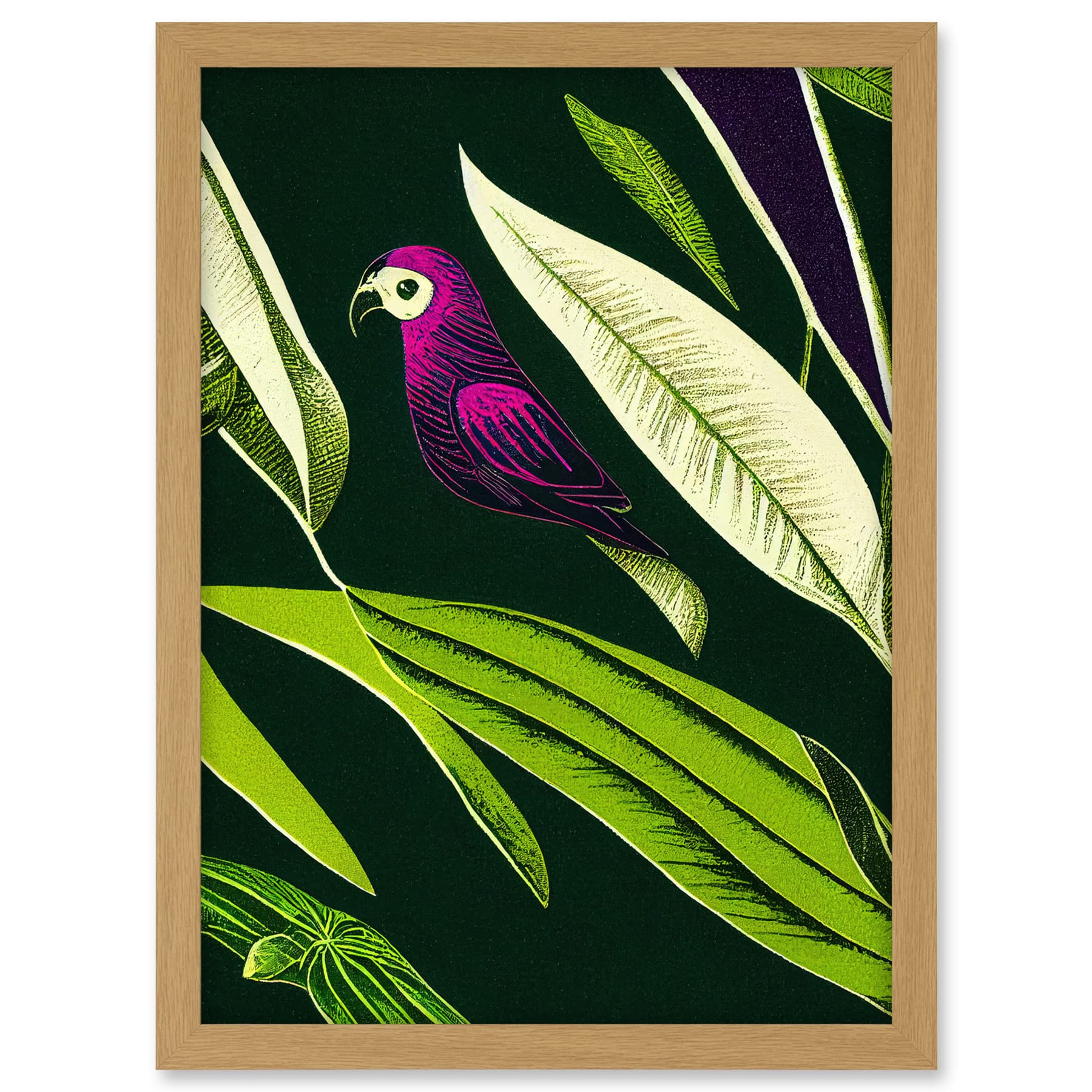 Wee Blue Coo Pink Parrot and Tropical Plant Leaves Vintage Linocut Pattern Detail Artwork Framed A3 Wall Art Print