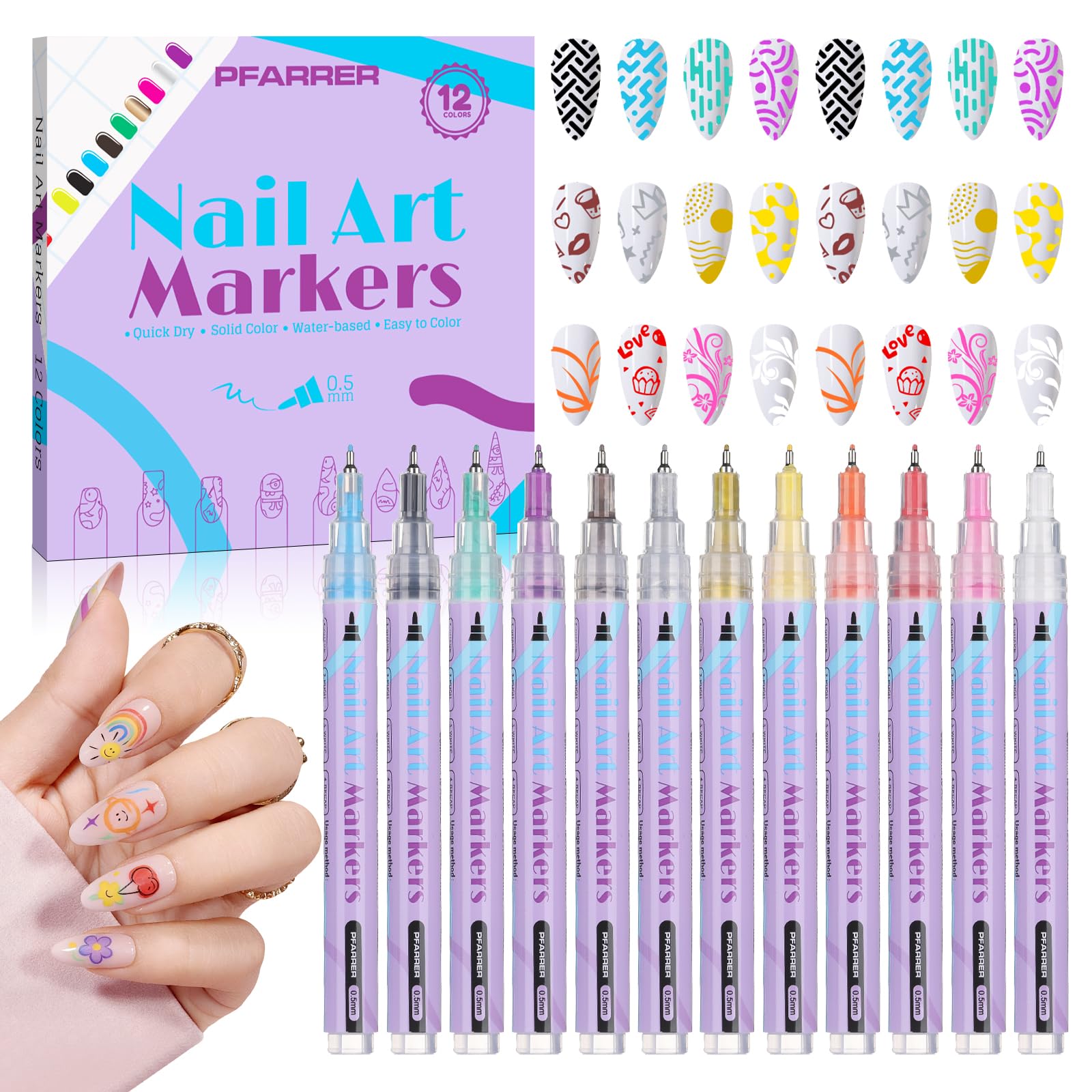 12 colores 3D esmalte de uñas Set de lápices de uñas DIY línea arte de uñas graffiti lápiz de puntos para pintar, delineador de uñas, pincel para DIY Nail Art (1 juego-12 unidades) -TA640-12